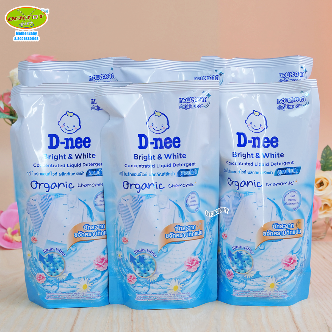 6 ถุง D-nee ดีนี่ น้ำยาซักผ้าสูตรเข้มข้น ไบร์ทแอนด์ไวท์ Bright & White Organic Chamomile สีฟ้า