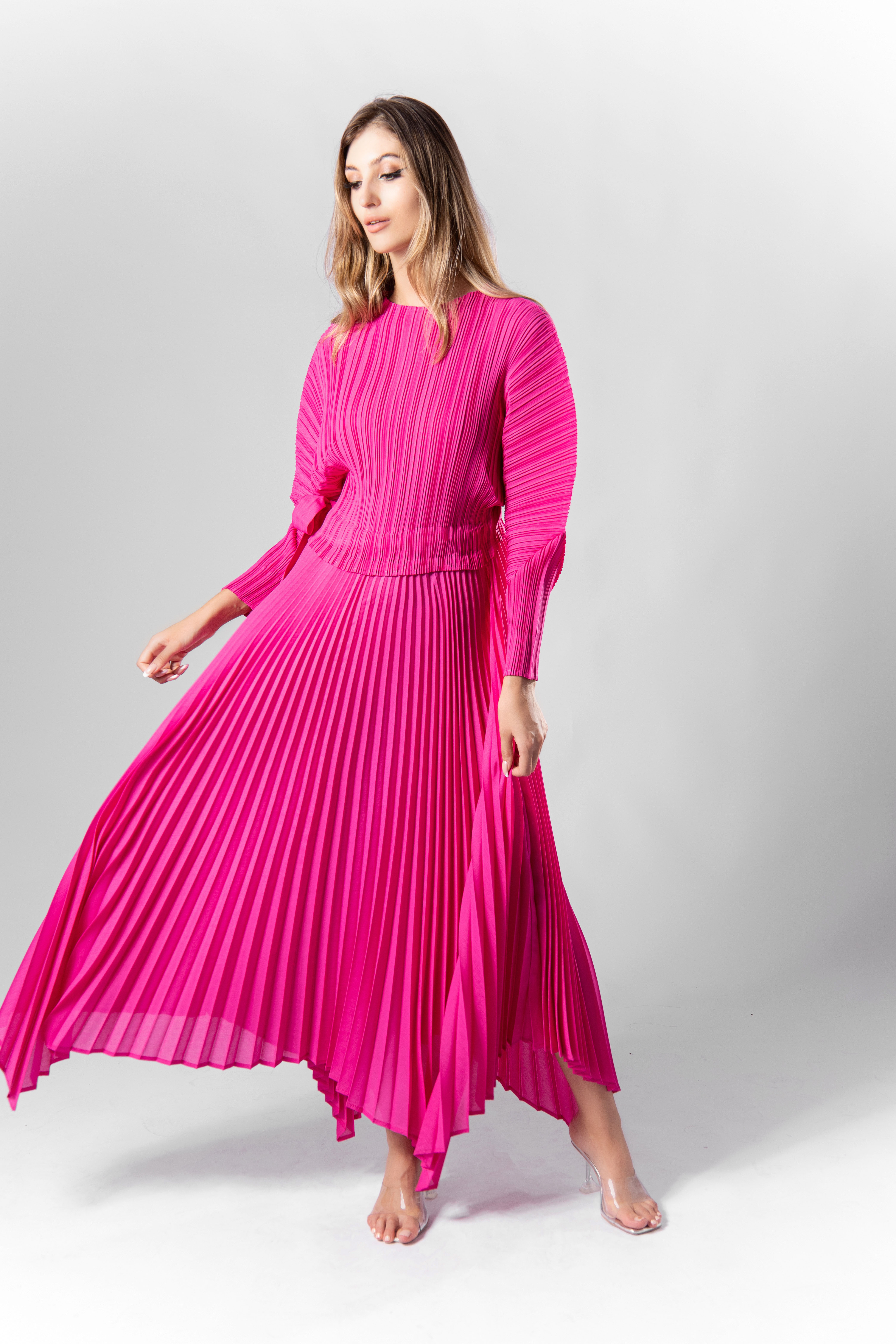 2MUAY รุ่น GA90074 ผ้าแมตต์ เดรสอัดพลีท BAT SLEEVE FLARE PLEATED DRESS 9 สี FREE SIZE