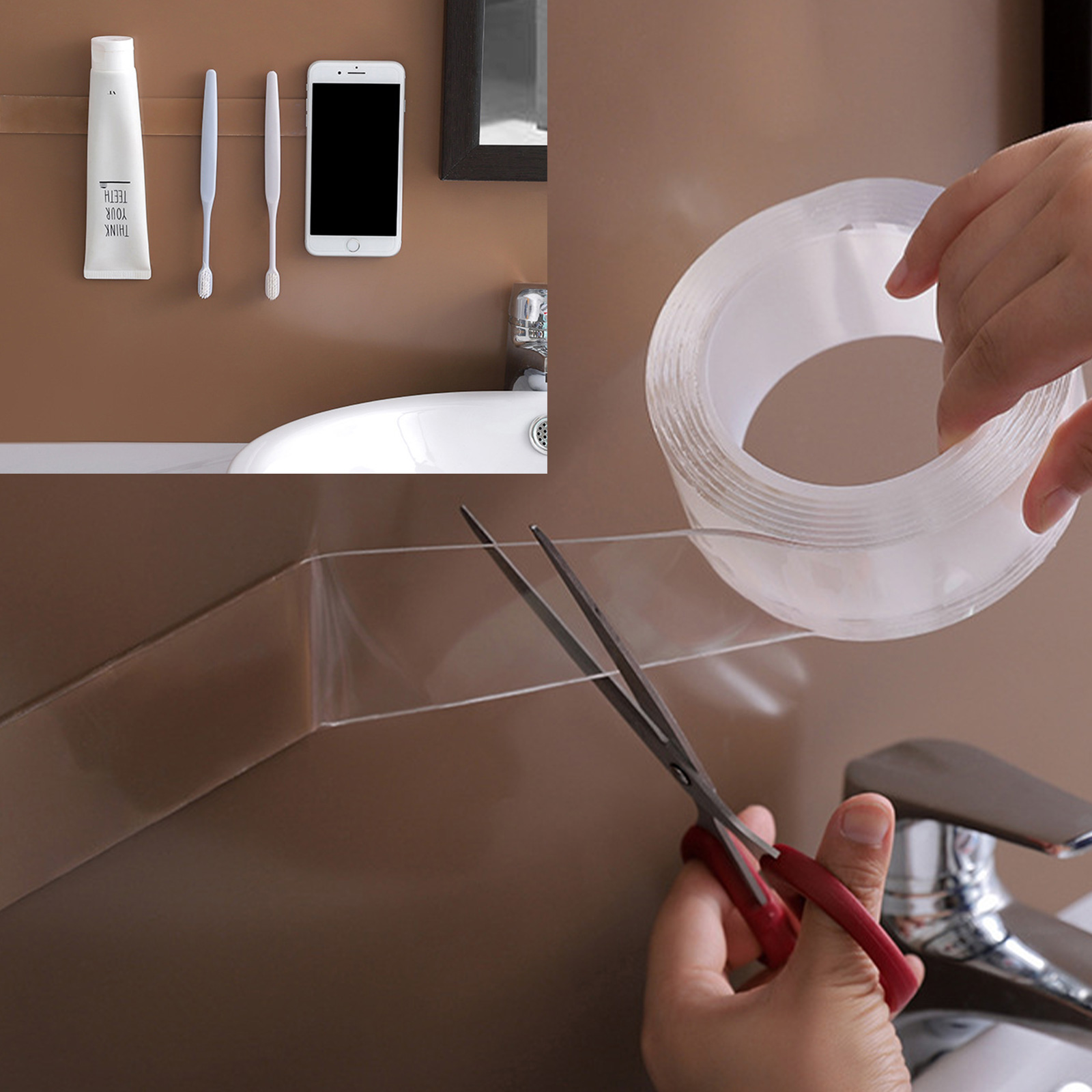 เทปใส 2หน้า นาโนเมจิก ติดหนึบ ลอกออกติดใหม่ได้ ล้างน้ำ เป่าแห้ง ใช้ซ้ำได้ มีหลายขนาดให้เลือก