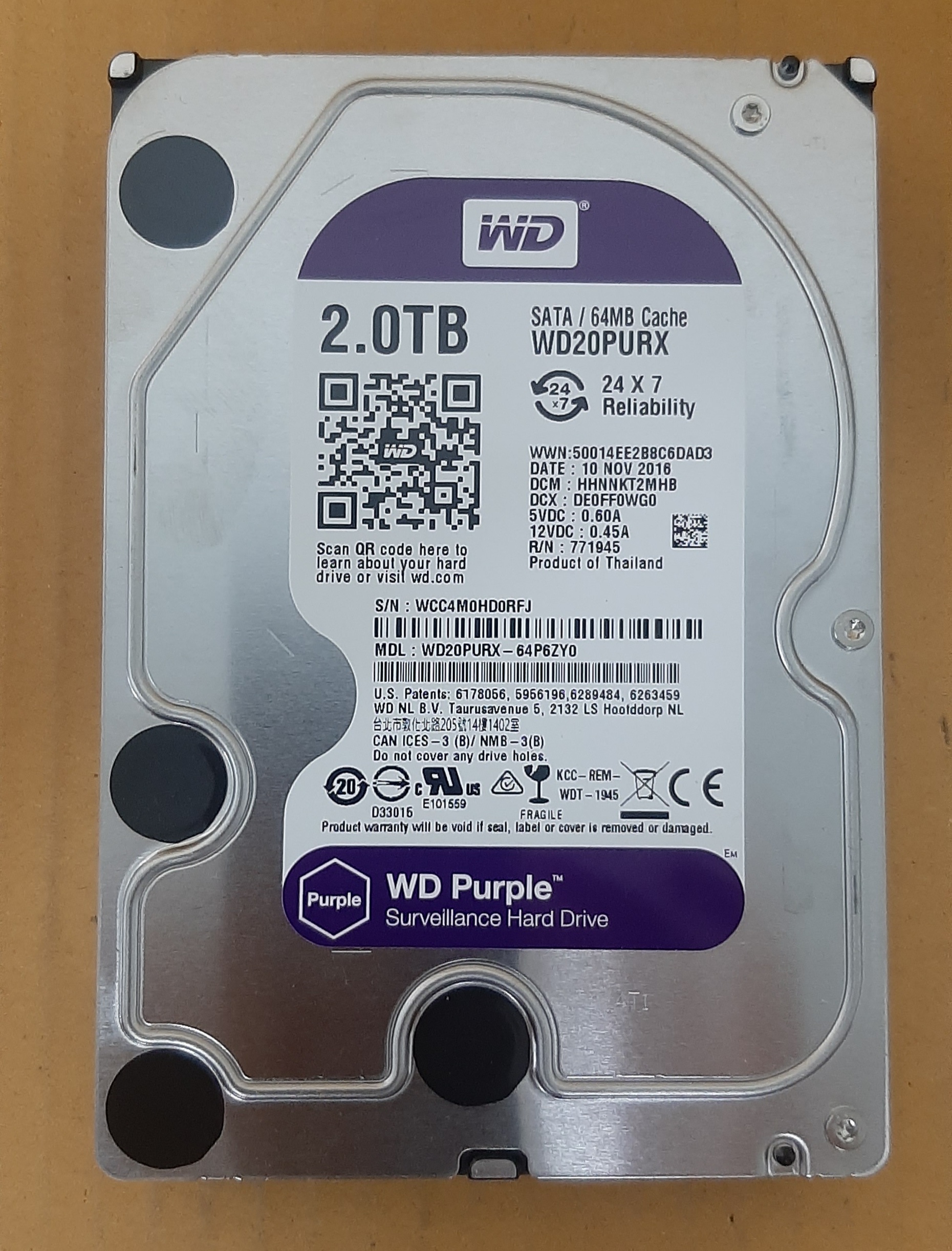 Harddisk มือสอง WD Purple 2TB SATA 3.5 6Gbps 7200RPM" พร้อมสาย Sata สภาพดี ประกันร้าน 1 เดือน