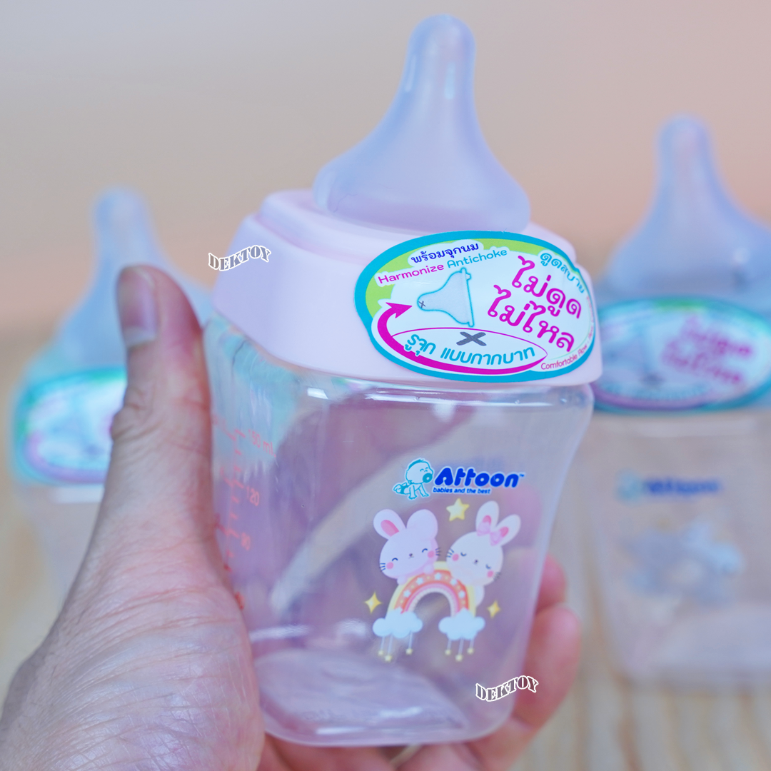 ขวดนมแอทตูน PP คอกว้าง ขนาด 5 และ 9 ออนซ์ มาพร้อมกับจุก หนา นุ่ม ไม่ดูดไม่ไหล