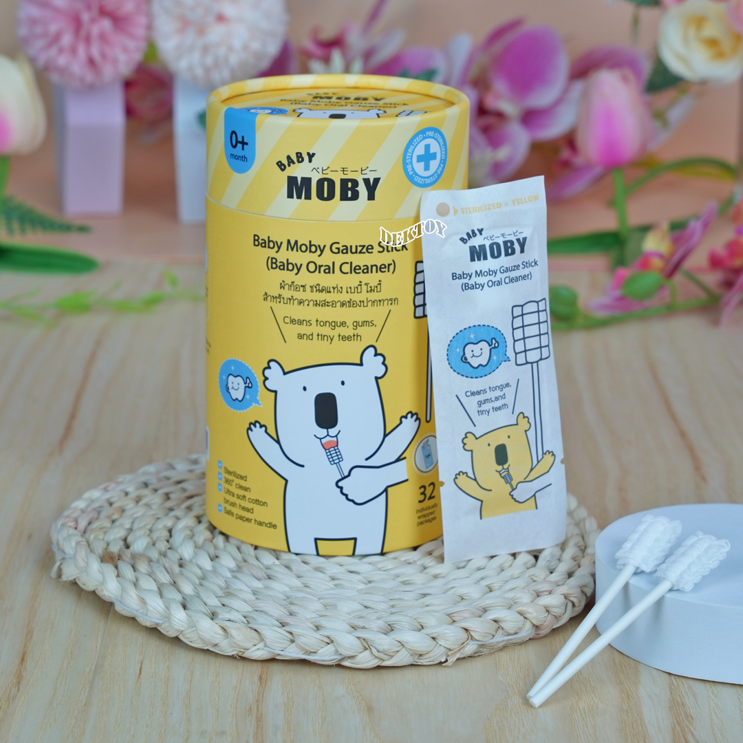 Baby moby โมบี้ ผ้าก๊อซเช็ดลิ้นทารก แปรงผ้าก๊อซสเตอไรส์ (1กระปุก บรรจุ 32 ชิ้น)
