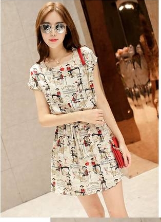 ชุดเดรส แฟชั่นเกาหลี ผ้าชีฟองเนื้อดี เอวจั้มผูกสายได้ ลายตามแบบ มี 2 สี ครีมและน้ำเงิน