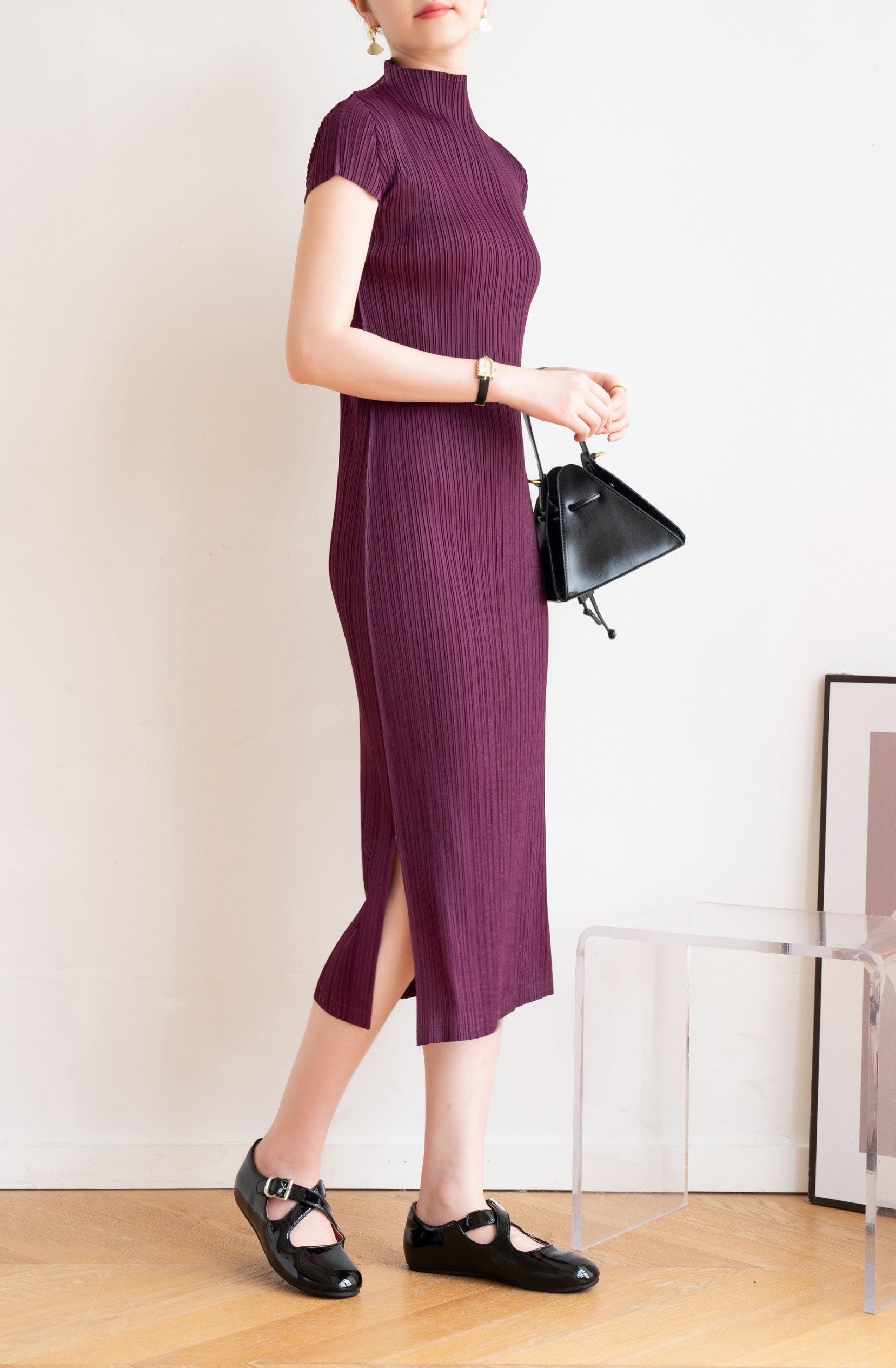 2MUAY GJO7876 เดรสพลีทคุณภาพ HIGH NECK CAP SLEEVE PLEAT DRESS 10 สี FREE SIZE