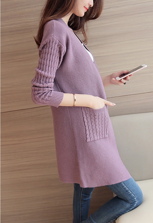 เสื้อคลุมแฟชั่นเกาหลี ผ้าหนานุ่ม ไม่มีกระดุม กันหนาวได้ มีกระเป๋า ตามแบบ สีม่วง