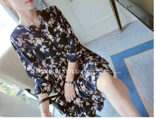 เดรสแฟชั่นเกาหลี ผ้านิ่มพิมพ์ลายดอกตามแบบ