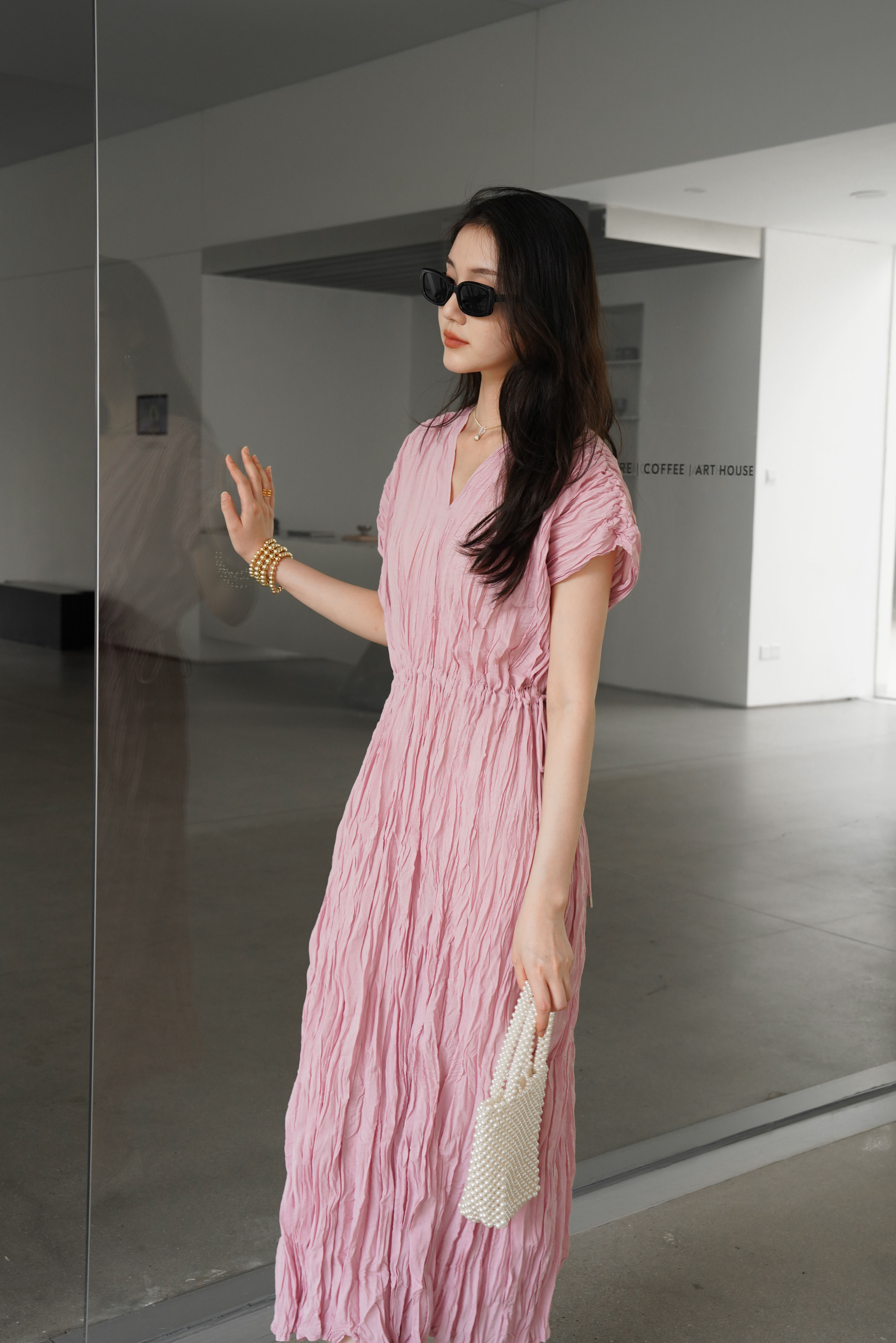 ปรับราคาลง20%!! 2MUAY รุ่น GJO3558 เดรสพลีทคุณภาพ V NECK WAIST TIE PLEATED DRESS 6 สี FREE SIZE