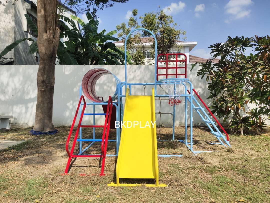 เครื่องเล่นสนามชุดรวมD ประกอบด้วยสไลเดอร์ปีนป่ายแป้นบาสและถังลอด, เครื่องเล่นสนามกลางแจ้ง , เครื่องเล่นสนามเหล็ก, ของเล่น, OutdoorPlayground,สนามเด็กเล่น,เครื่องเล่นงบสพฐ.ประชารัฐ ราคาโรงงาน