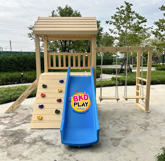 เครื่องเล่นสนามไม้ ชุด K ปีนป่ายเชือก ,ชิงช้า ,ปีนหน้าผา ปีนป่ายไม้ เครื่องเล่นสนามกลางแจ้ง ไม้เนื้อแข็ง สั่งทำสีที่ต้องการได้ wood playground