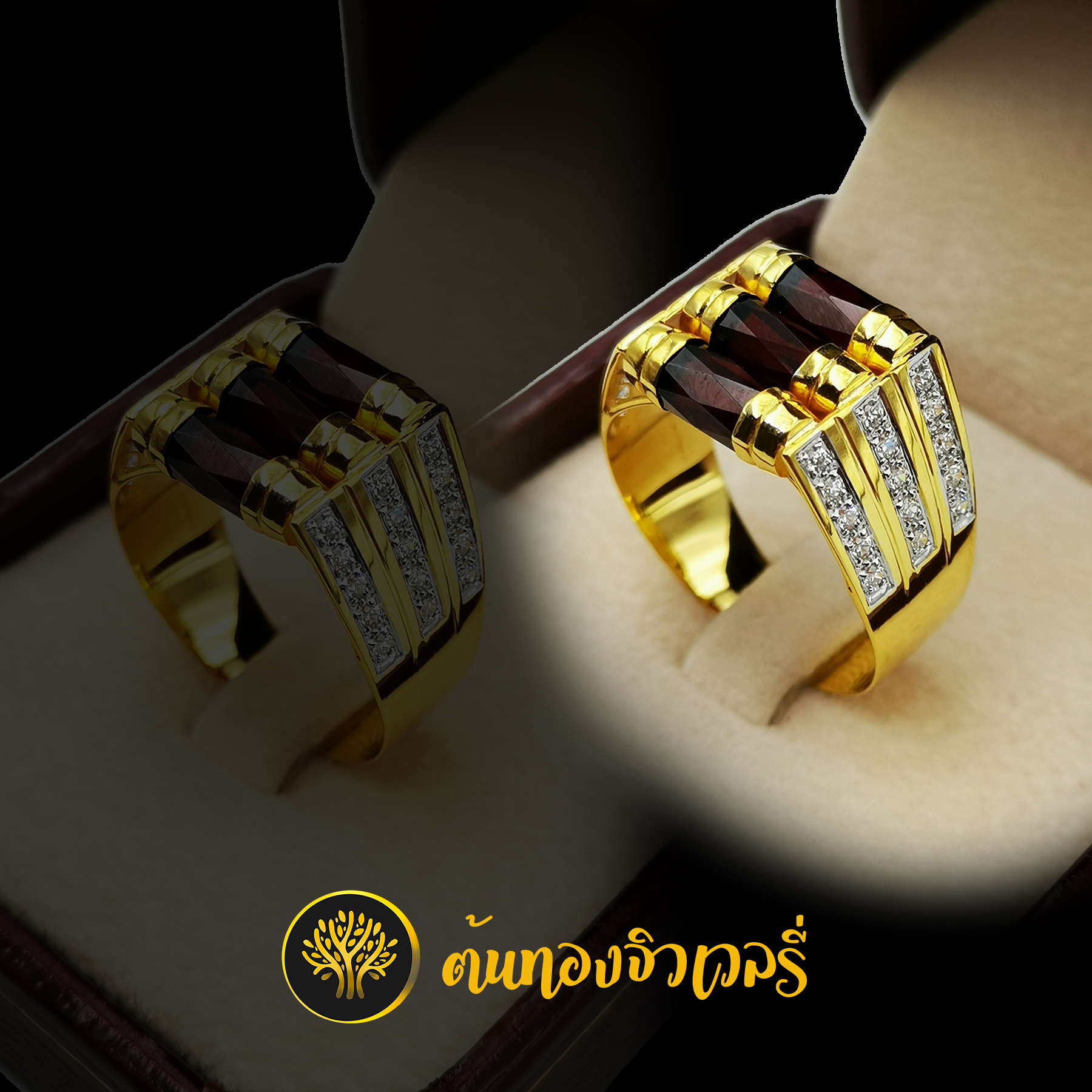แหวนโกเมน3เม็ด ก้านฝังเพชรแถว3แถว สวยแบบจัดเต็มไปเลยสิครับ