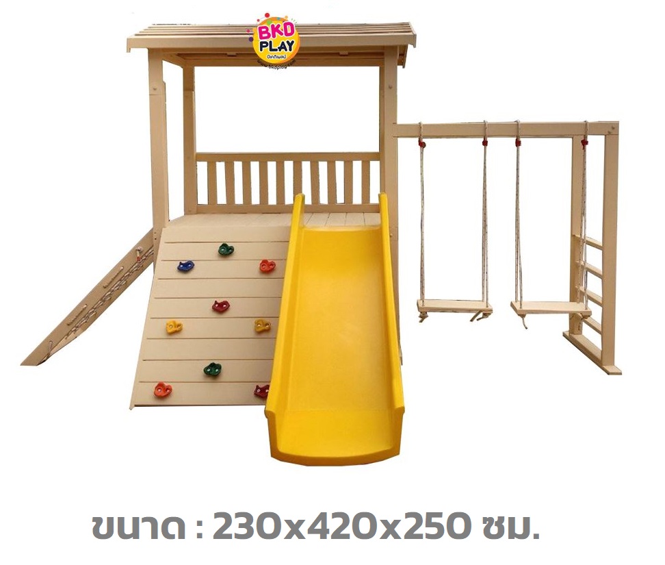 เครื่องเล่นสนามไม้ ชุด K ปีนป่ายเชือก ,ชิงช้า ,ปีนหน้าผา ปีนป่ายไม้ เครื่องเล่นสนามกลางแจ้ง ไม้เนื้อแข็ง สั่งทำสีที่ต้องการได้ wood playground