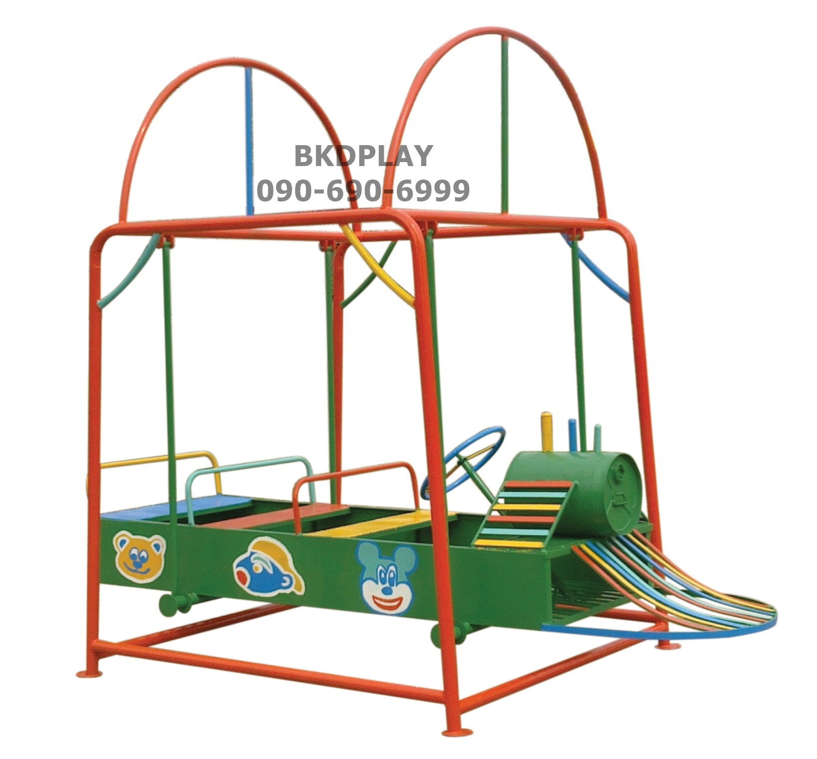 เครื่องเล่นสนามกลางแจ้ง เหล็ก ชุดรถไฟโยก 6 ที่นั่งปรับขนาดใหม่ตามมาตรฐาน มอก. รถโยก Outdoor Playground, ราคาโรงงาน ขนาด 130x 200x 175 ซม.