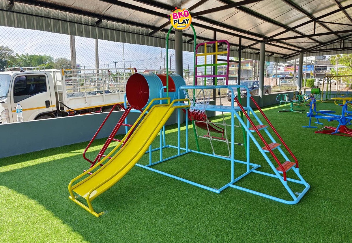 เครื่องเล่นสนามชุดรวมD ประกอบด้วยสไลเดอร์ปีนป่ายแป้นบาสและถังลอด, เครื่องเล่นสนามกลางแจ้ง , เครื่องเล่นสนามเหล็ก, ของเล่น, OutdoorPlayground,สนามเด็กเล่น,เครื่องเล่นงบสพฐ.ประชารัฐ ราคาโรงงาน
