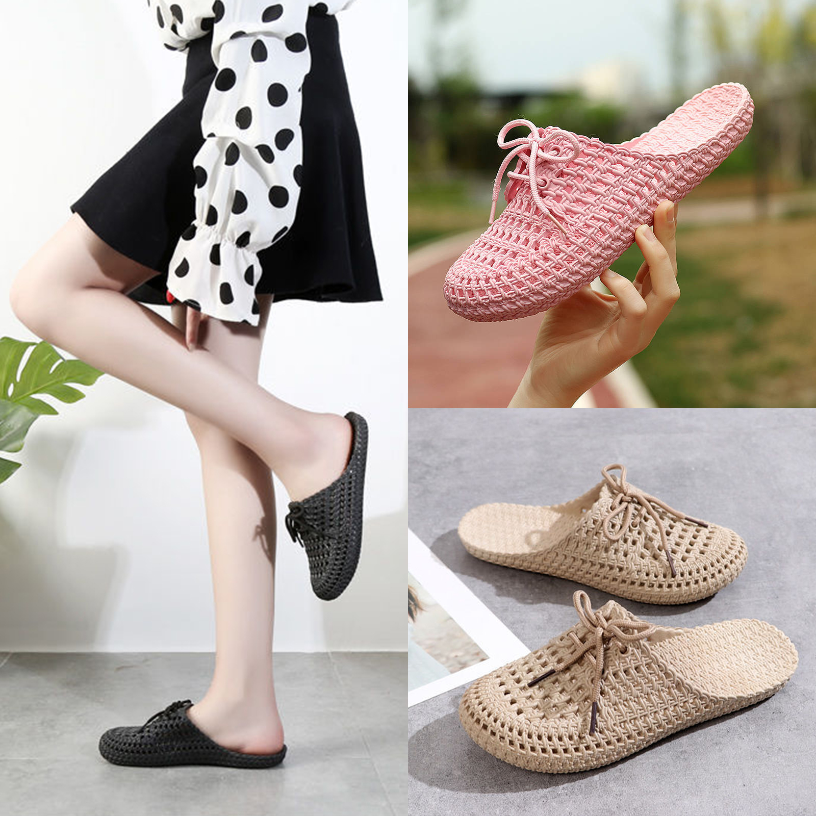 🔥Sale ลดราคา🔥 รองเท้าผู้หญิง รุ่น ลายสาน ผูกเชือก เปิดส้น 1988 ยาง PVC พื้นนิ่ม ใส่สบายเท้า พื้นยางกันลื่น คุณภาพดี