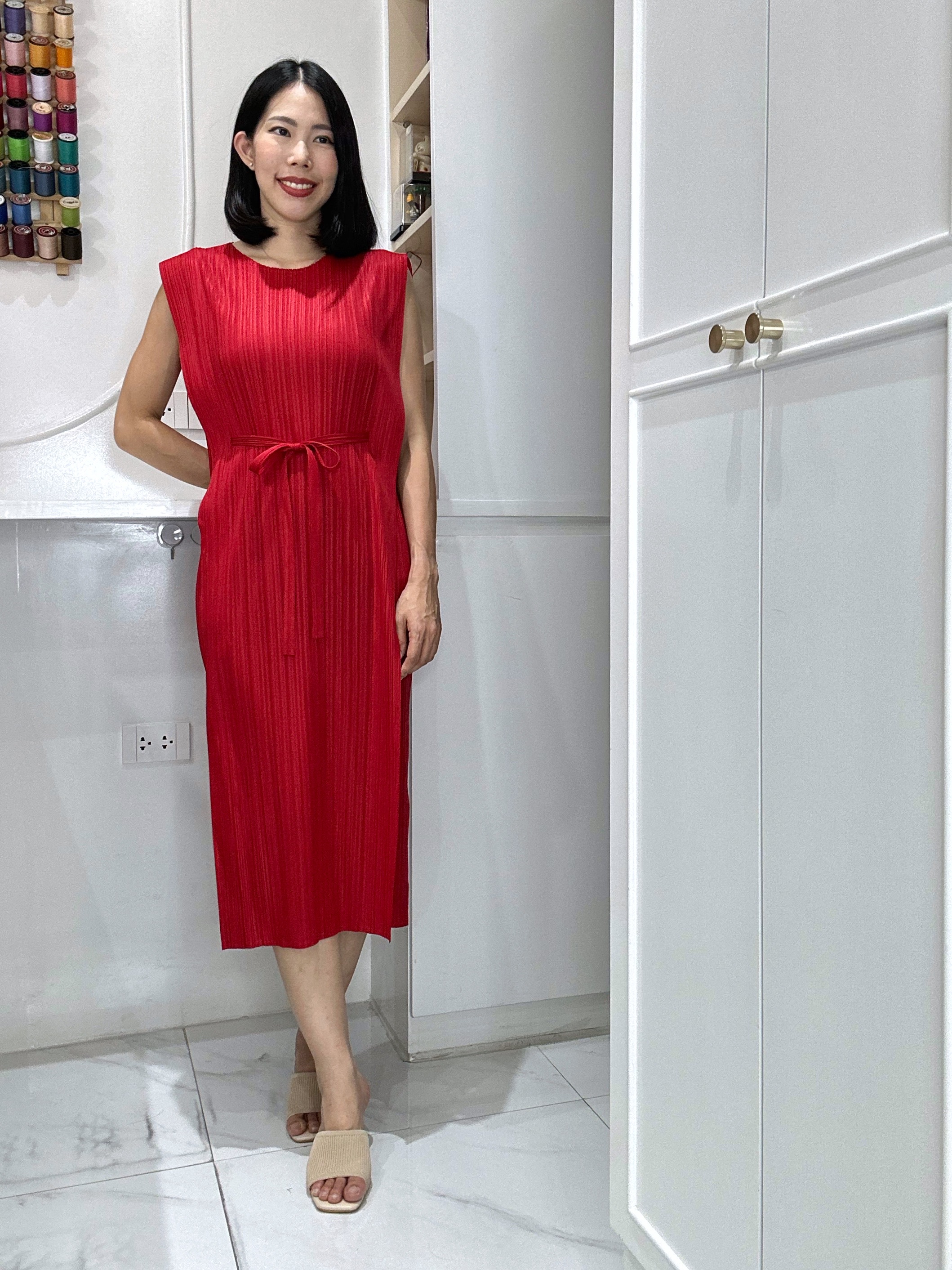 2MUAY รุ่น GJO7655 SIMPLE BOW TIE PLEATED DRESS เดรสผู้หญิง เดรสพลีทคุณภาพ 15สี FREE SIZE