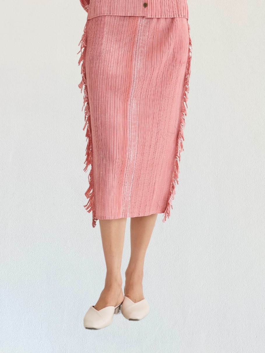 ปรับราคาลง20%!! ยาว 32นิ้ว! 2MUAY รุ่น GJO3067-9 กระโปรงพลีทคุณภาพ FRINGE TRIM DENIM PRINT PLEATED SKIRT 4 สี FREE SIZE