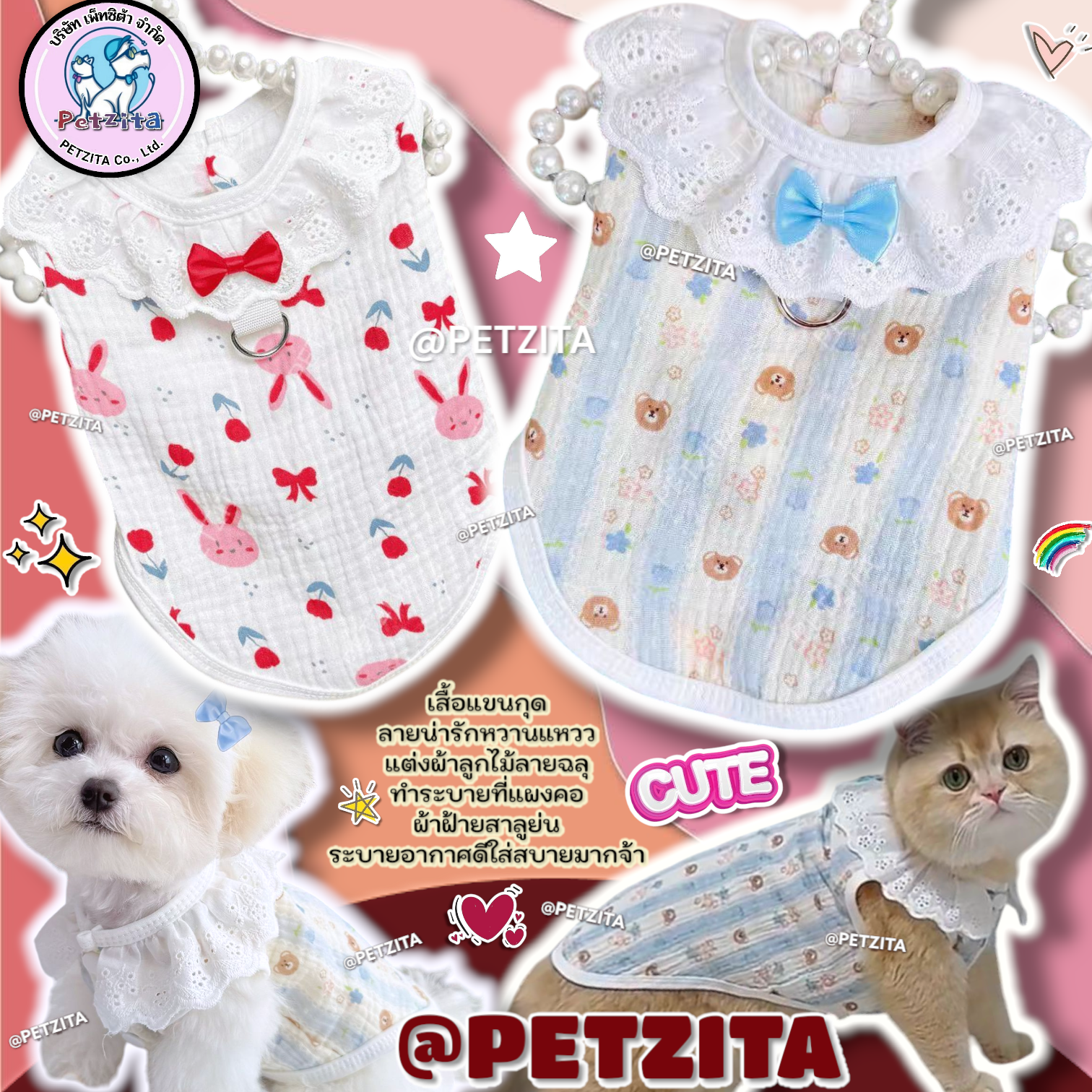 🇹🇭พร้อมส่ง🇹🇭💖🎀 เสื้อแขนกุดสุดน่ารัก แต่งผ้าลูกไม้ที่ปกคอ ผ้าฝ้ายสปันย่นใส่สบาย เสื้อสัตว์เลี้ยง สุนัข หมา แมว
