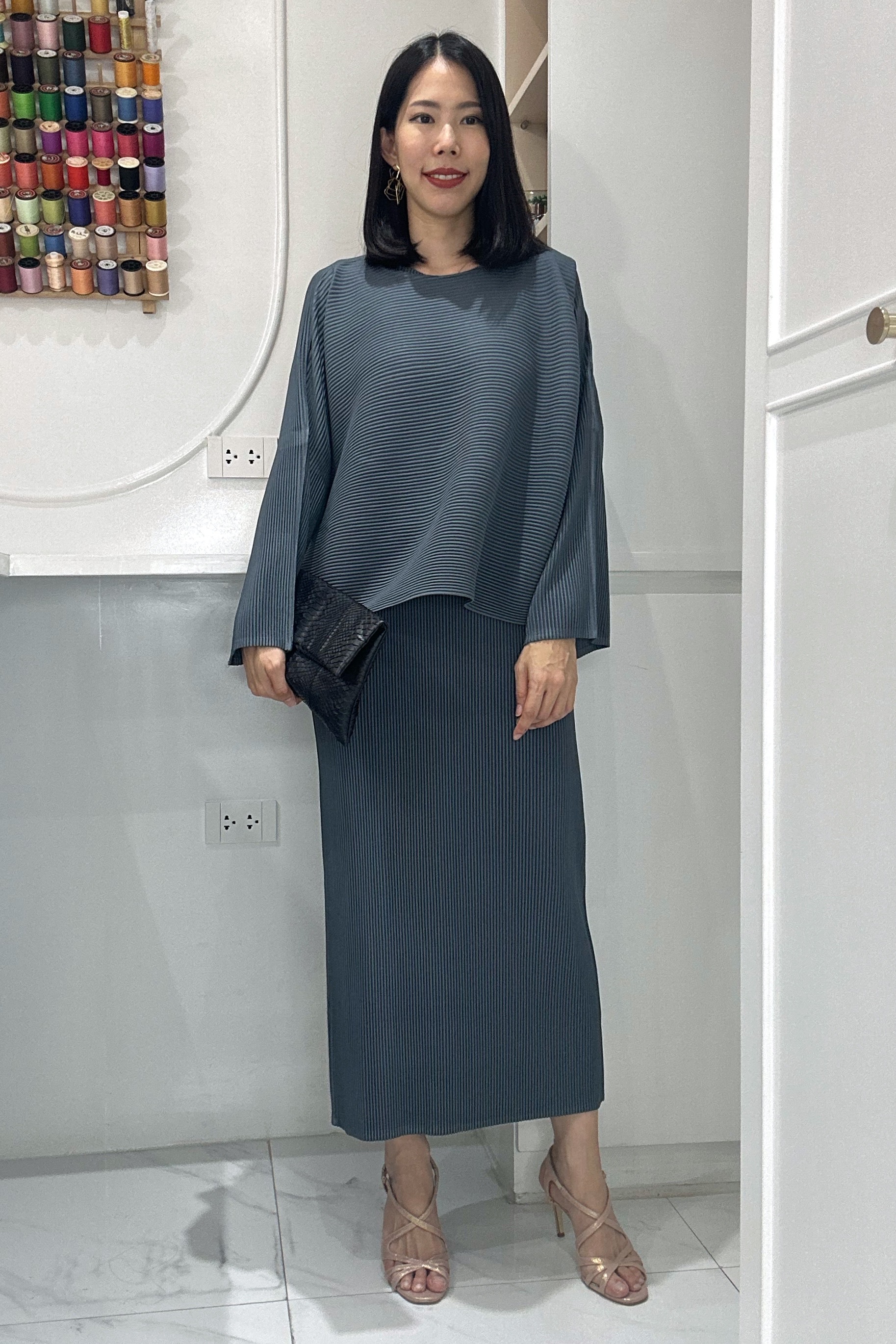 2MUAY รุ่น GJO5115 / GJO5152 เซ็ตพลีทคุณภาพ THICK LONG SLEEVE TOP WITH SLEEVELESS DRESS PLEAT SET 6 สี FREE SIZE
