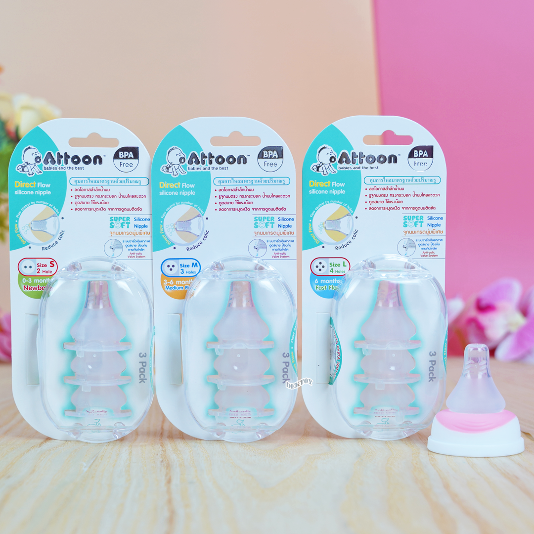 จุกนมแอทตูนนุ่มพิเศษ Attoon แอทตูน จุกนมคอแคบ จุกนมเกรดนุ่มพิเศษ Silicone Super Soft แพ็ค3ชิ้น