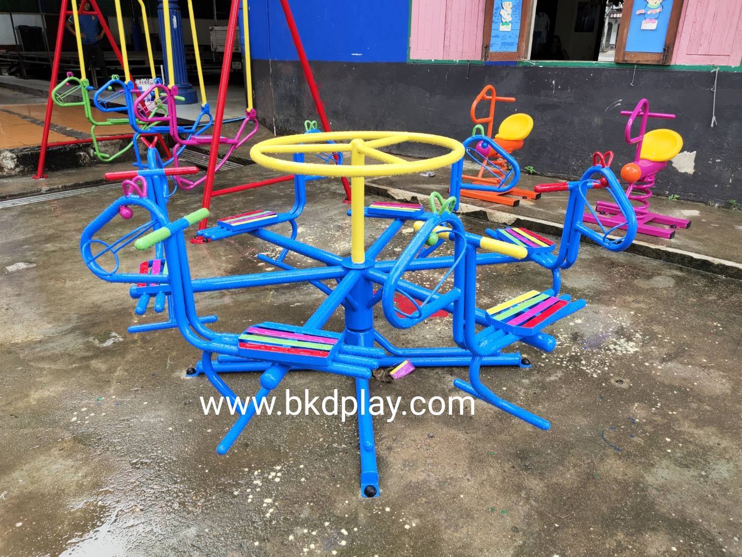 เครื่องเล่นสนาม กลางแจ้ง เหล็ก,ม้าหมุน 6 ที่ ปรับโครงสร้างตาม มอก. Outdoor Playground, ราคาโรงงาน สินค้าสั่งผลิต 10-20 วัน