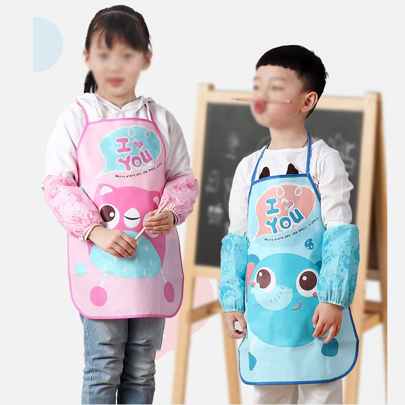 ผ้ากันเปื้อน Set-8 เด็ก+ปลอกแขน เหมาะกับเด็กอายุ 6-9 ขวบ พลาสติกกันน้ำ ใส่ทำงานศิลปะ ทำขนม ป้องกันสิ่งสกปรก