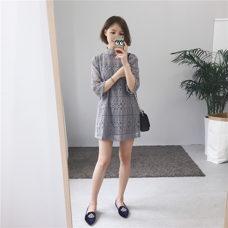 ชุดเดรสลูกไม้คอปิด ซิปซ่อนด้านหลัง ลายลูกไม้ตามแบบ มี 3 สี ดำ/เทา/ขาว