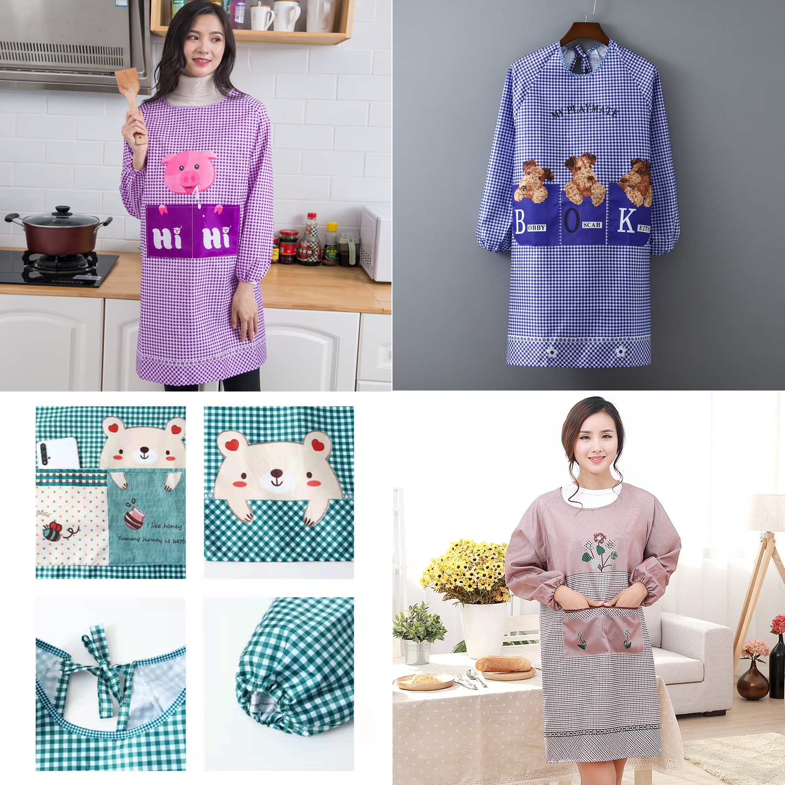 ผ้ากันเปื้อน Set-6 ชุดแขนยาว พิมพ์ลาย การ์ตูน ผ้าโพลีเอสเตอร์ ใส่กันเปื้อน ทำอาหาร ทำงานบ้าน ป้องกันสิ่งสกปรก