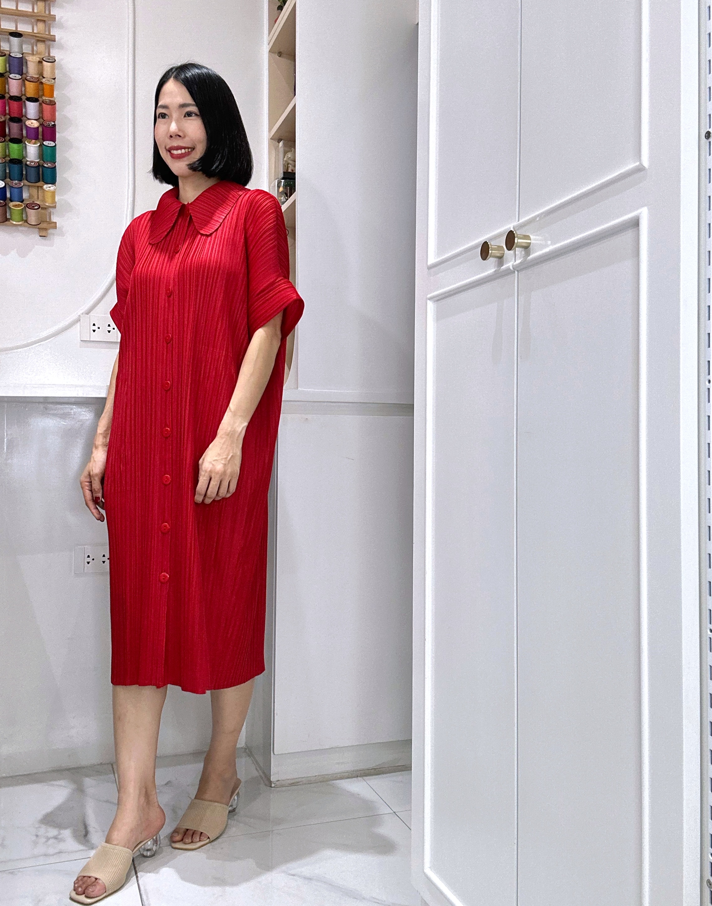 2MUAY รุ่น GJO2087 COLLAR BUTTON FRONT PLEAT DRESS เดรสอัดพลีทงานคุณภาพ 9สี FREE SIZE
