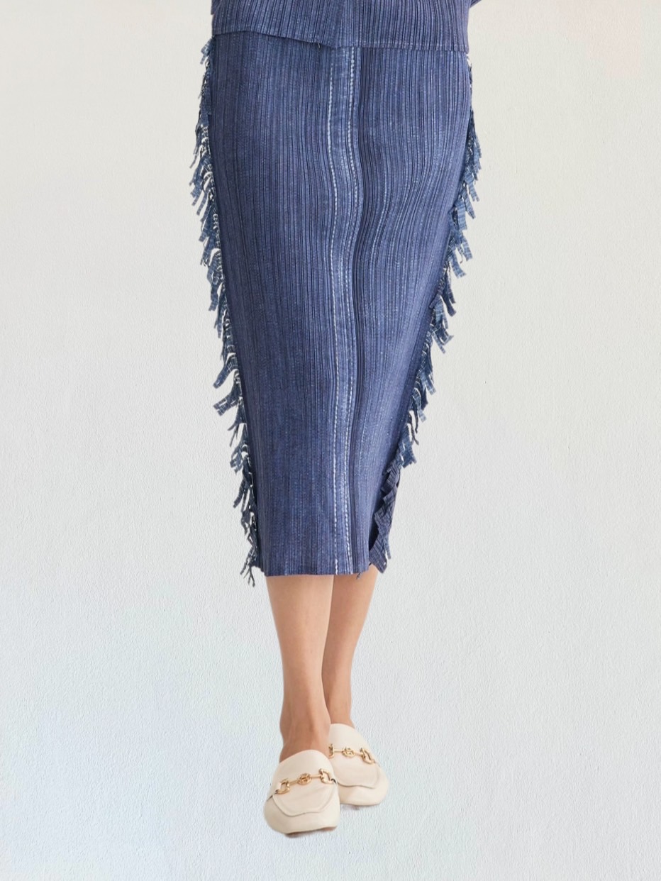 ปรับราคาลง20%!! ยาว 32นิ้ว! 2MUAY รุ่น GJO3067-9 กระโปรงพลีทคุณภาพ FRINGE TRIM DENIM PRINT PLEATED SKIRT 4 สี FREE SIZE