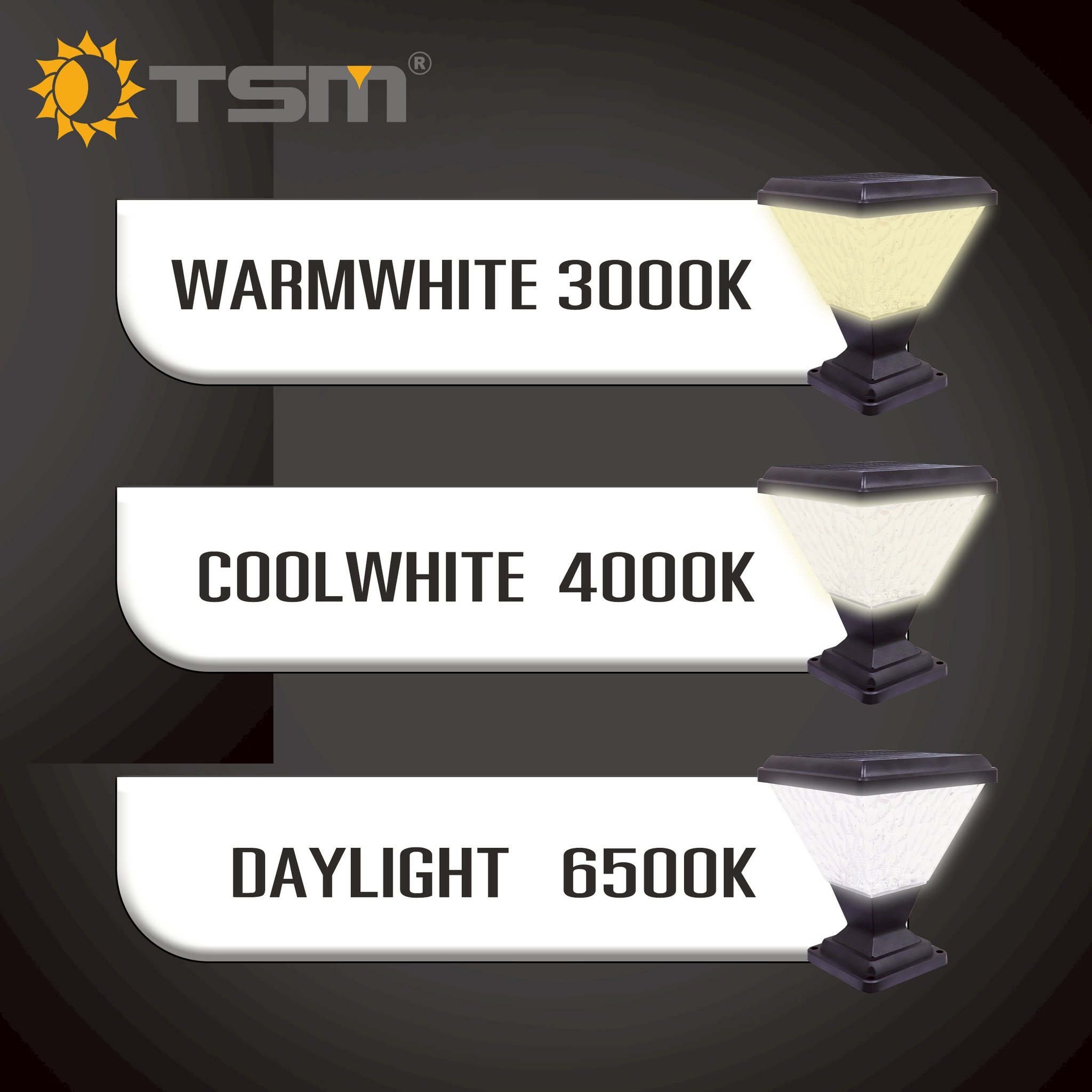 โคมไฟหัวเสา solar light 3 แสงในตัว รุ่น TSM-D41 ควาบคุมการใช้งานด้วยรีโมท ทรงสวยงาม ขนาดใหญ่