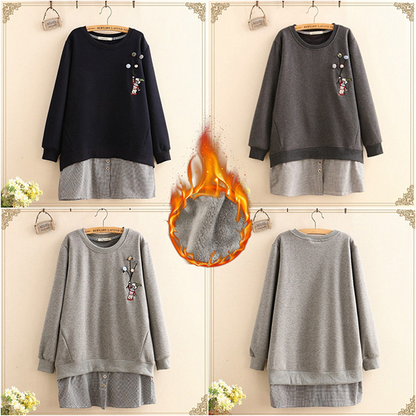 [SALE] เสื้อสเวตเตอร์กันหนาวปักลายวินเทจ ซับกำมะหยี่เต็มตัว-12255