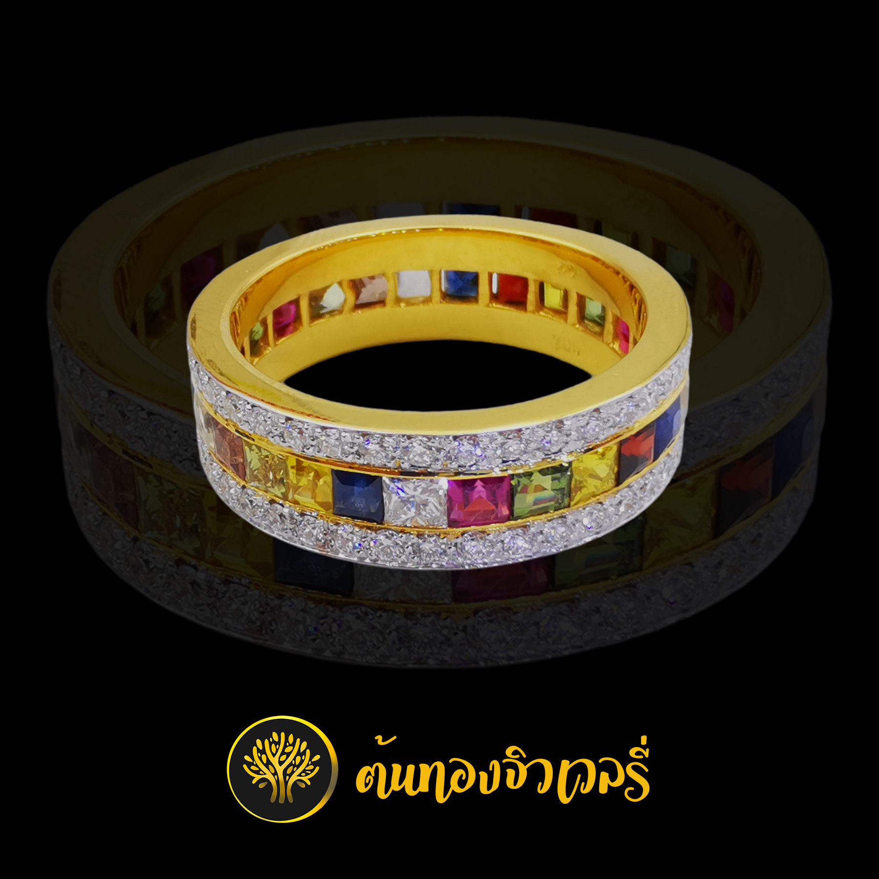แหวนปลอกมีด พลอยนพเก้า เพชรล้อมรอบแหวน สีสันโดนใจใช่เลยครับ