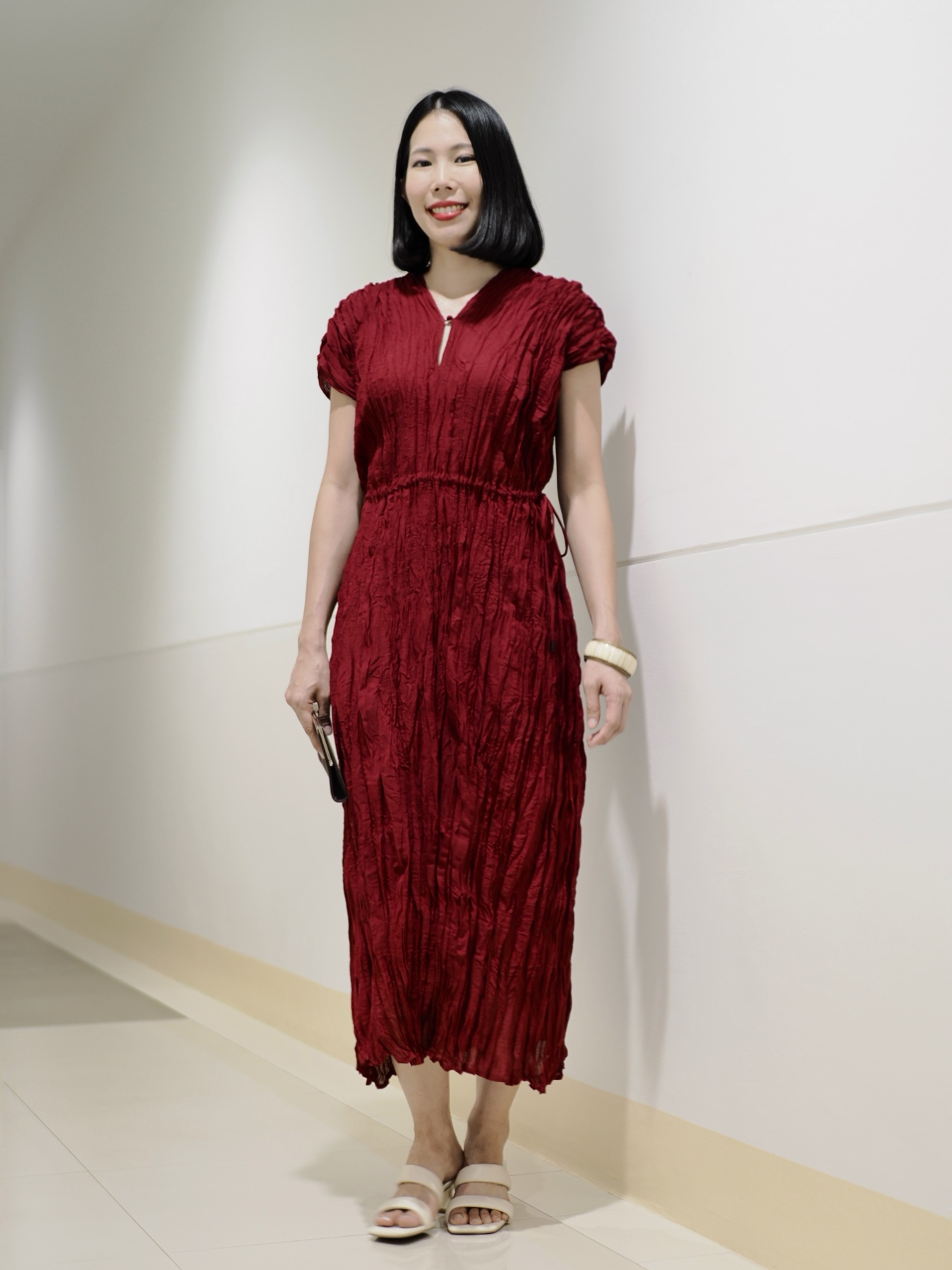 ปรับราคาลง20%!! 2MUAY รุ่น GJO3558 เดรสพลีทคุณภาพ V NECK WAIST TIE PLEATED DRESS 6 สี FREE SIZE