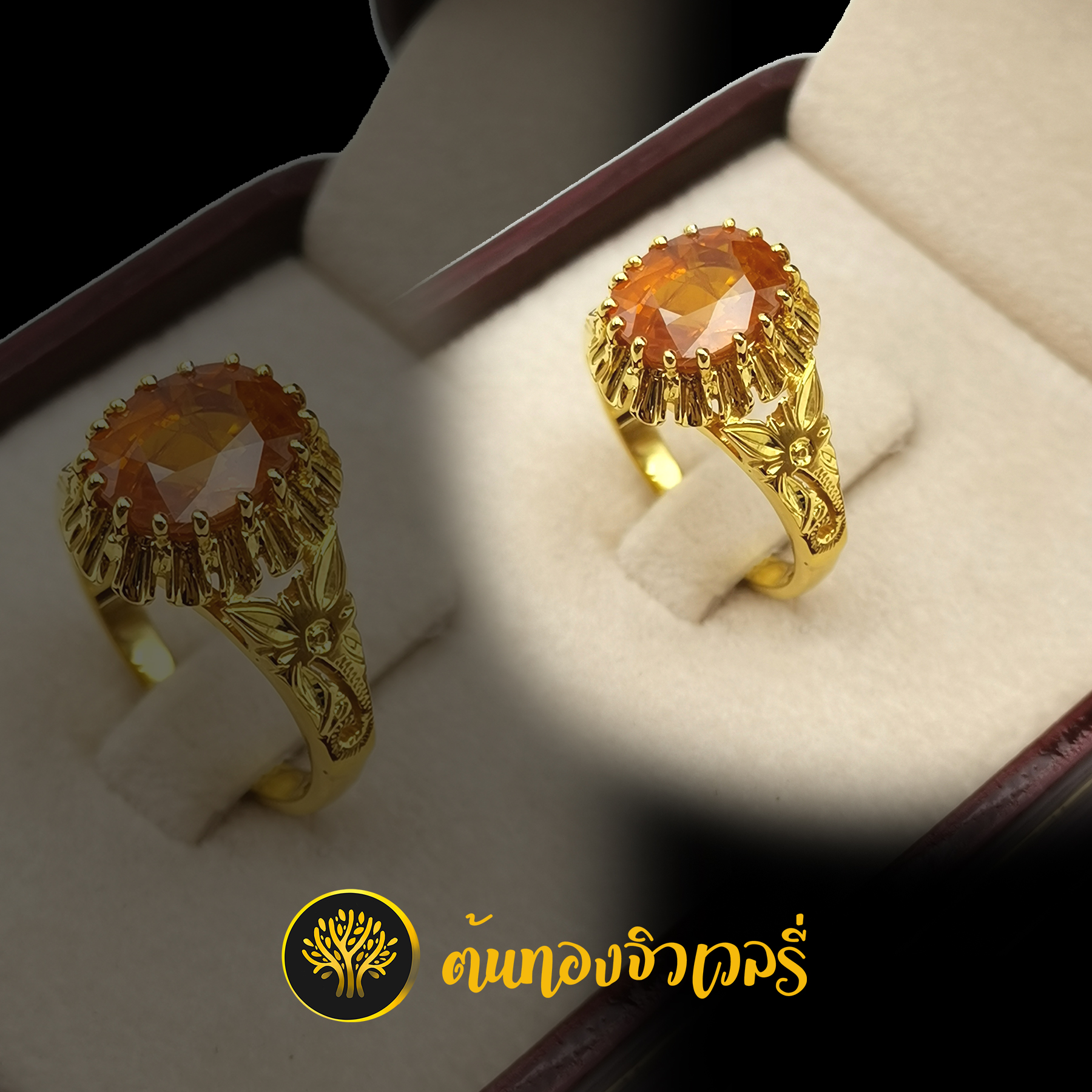 แหวนพลอยบุษราคัม ข้างลายดอกไม้ สวยเนียน โดดเด่น พลอยเม็ดเดียวเด่นๆเลย