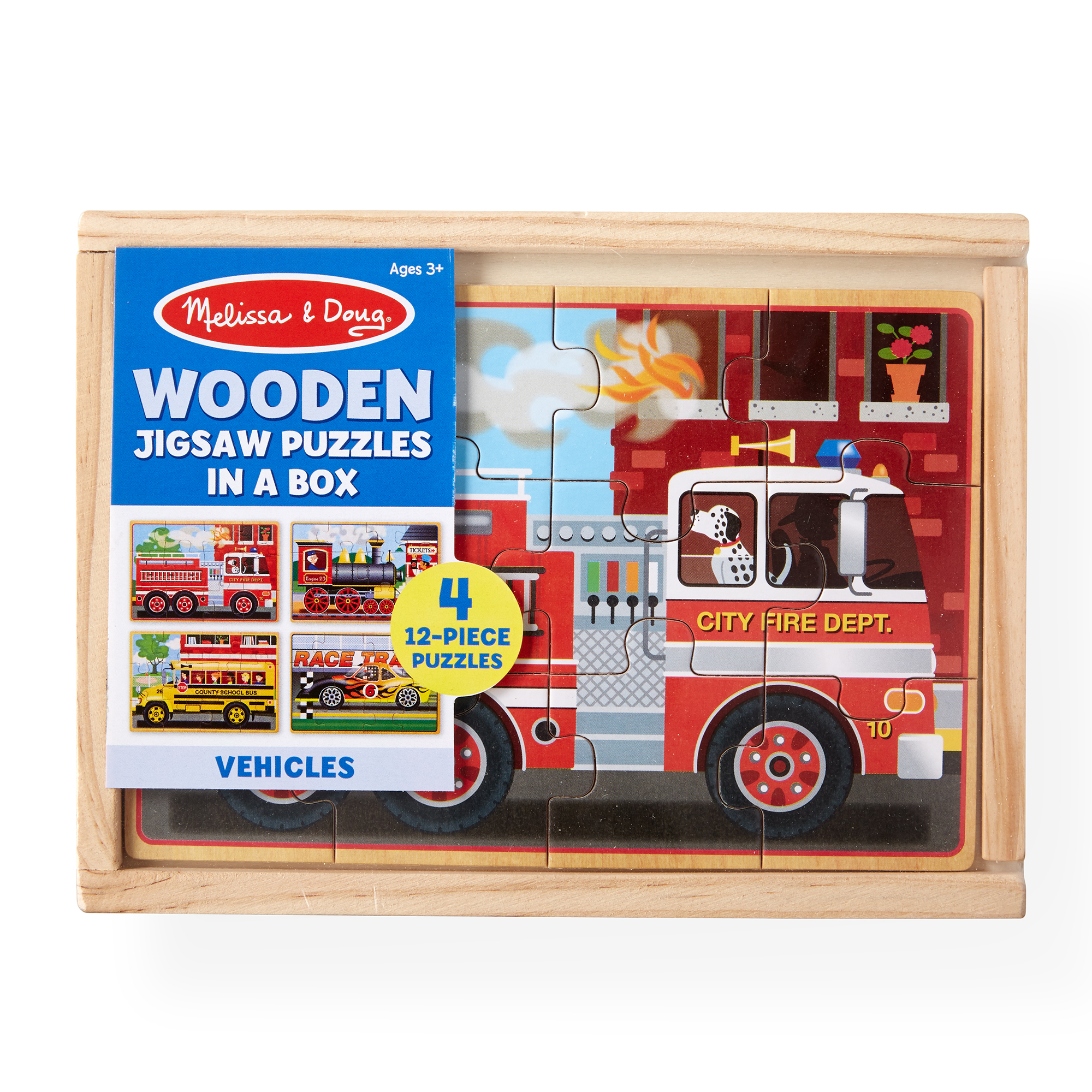 จิ๊กซอไม้ 4-in-1 สี่แบบในกล่องเดียว พร้อมกล่องเก็บอย่างดี Vehicles Jigsaw Puzzles in a Box Melissa&Doug, ของเล่นเสริมพัฒนาการ, ของเล่น