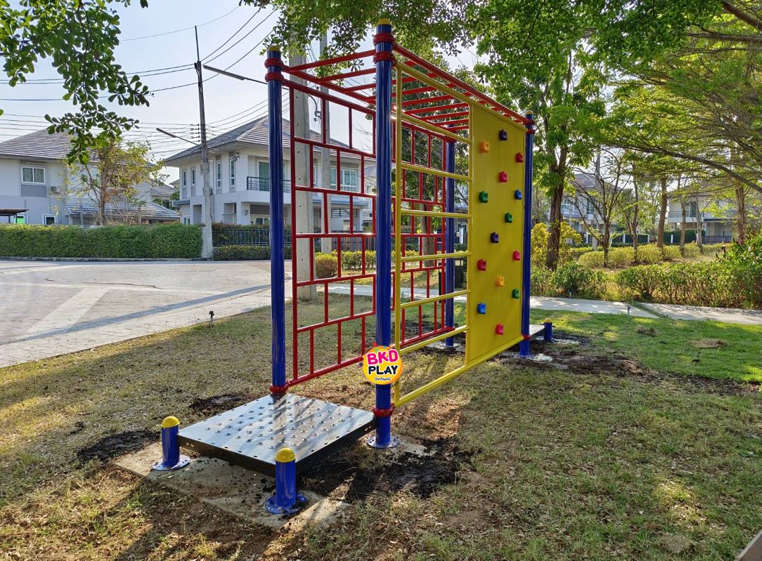 เครื่องเล่นสนามกลางแจ้ง เหล็กตั้งพื้น ชุดปีนป่ายหน้าผาจำลอง ปีนป่ายกำแพง, OutdoorPlayground, บาร์โหนอนุบาล-ประถม ขนาด 80x360x200 ซม.