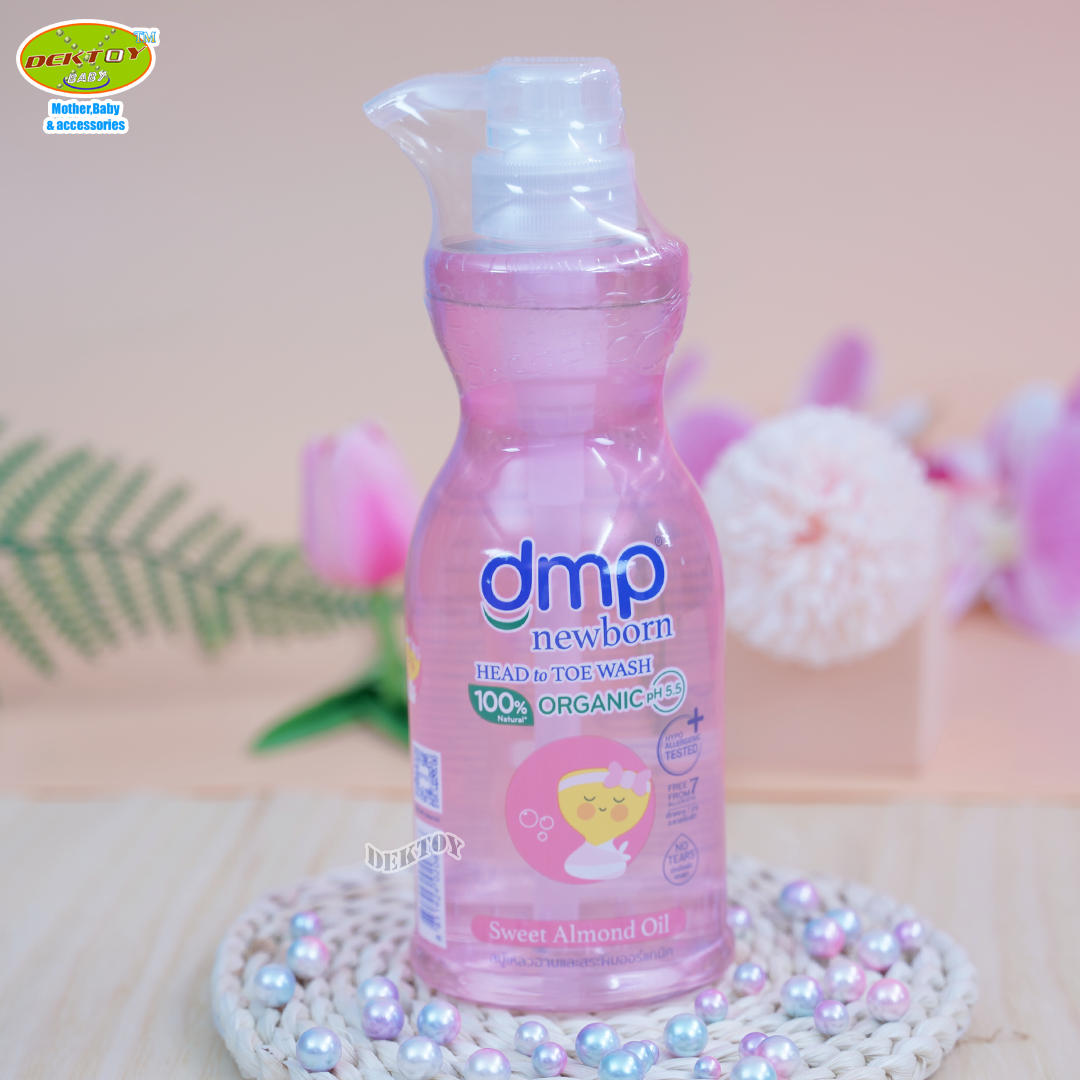 DMP newborn ออร์แกนิค สบู่เหลวอาบน้ำสระผมสำหรับเด็กแรกเกิด 450 มล.แถม100มล. Sweet Almond oil ชมพู