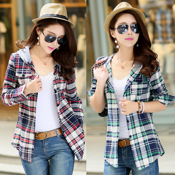 เสื้อแจ็คเก็ตฮู้ด แขนยาว ผ้าทอนิ่มลายสก็อต-10916