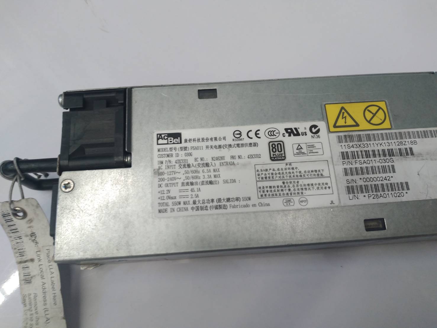 IBM 550 Watt x3300 M4 x3550 M4 x3650 M4 Power Supply PSU FSA011-030G 43X3311 43X3312