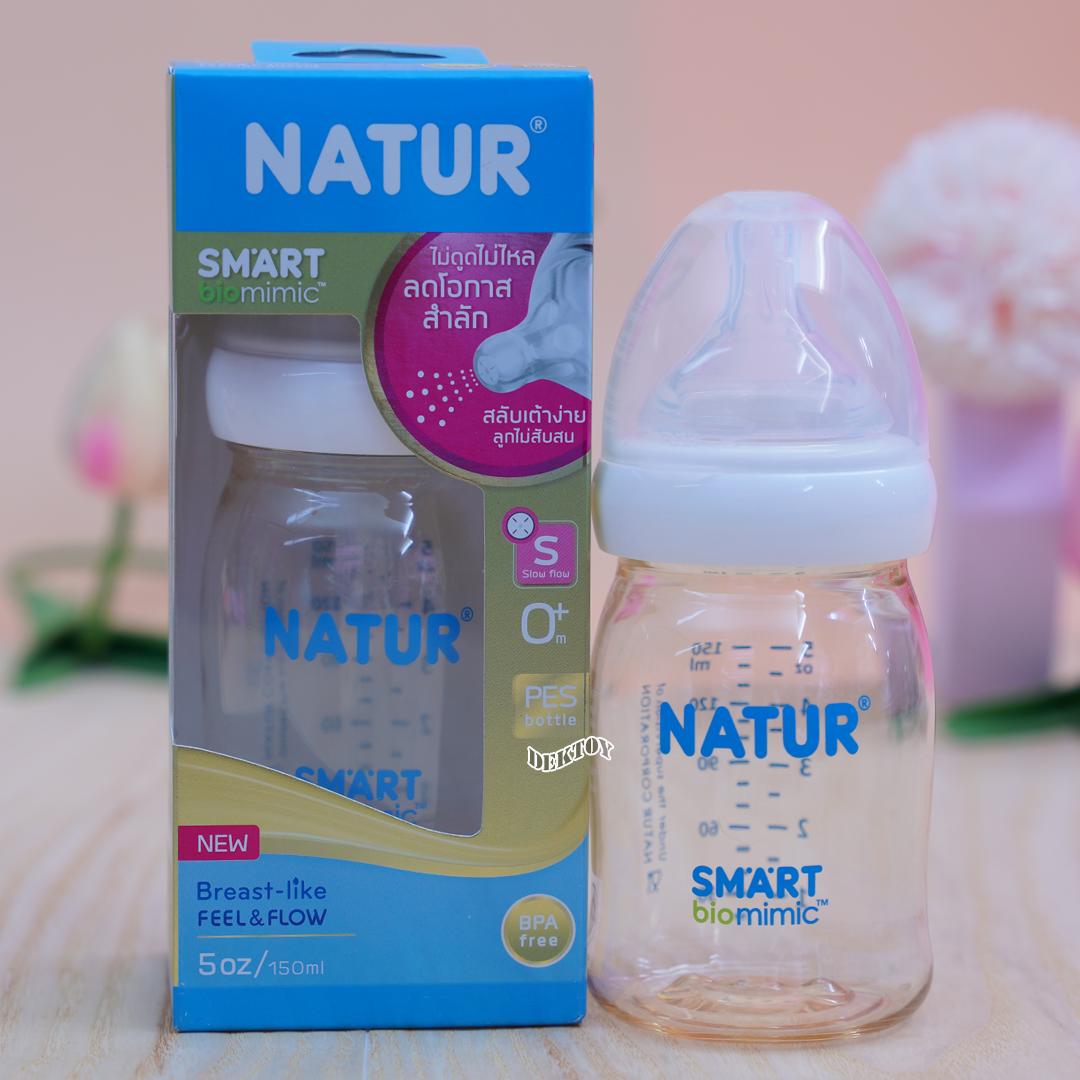 NEW-Natur เนเจอร์ ขวดนมเนเจอร์ไม่ดูด ไม่ไหล คอกว้างสมาร์ทไบโอมิมิคสีชาPES 5 ออนซ์
