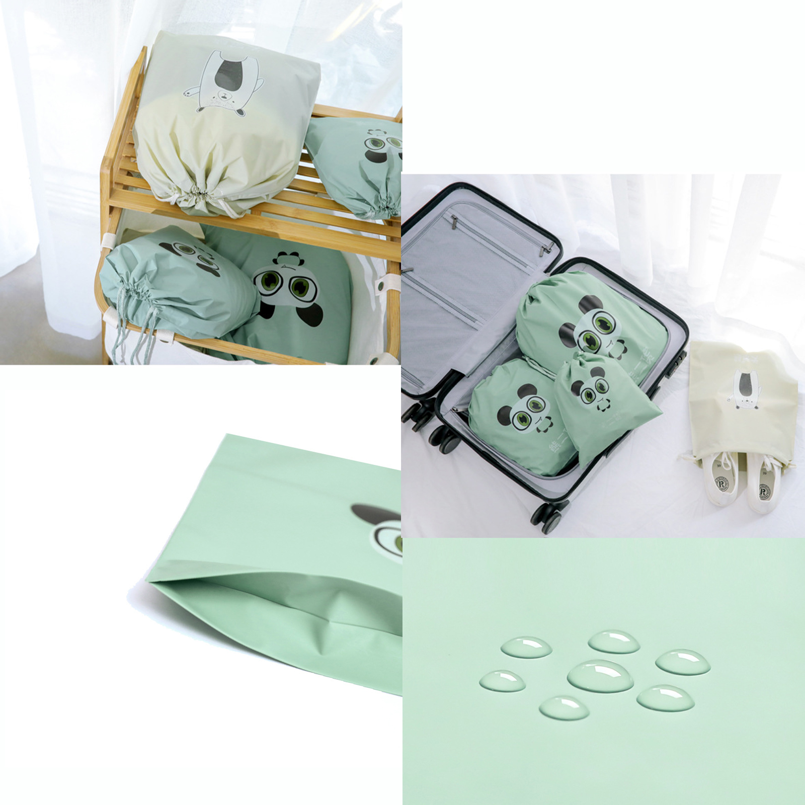 ถุงผูกเชือก Set-1 ผ้าผสมพลาสติก พิมพ์ลาย ถุงใส่ของ เครื่องสำอาง รองเท้า กันน้ำ จัดระเบียบกระเป๋าเดินทาง พกพาสะดวก