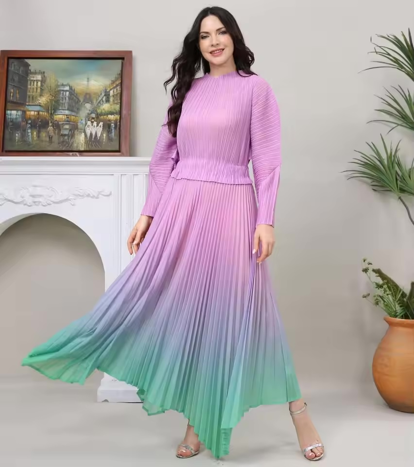 2MUAY รุ่น GA4094 ผ้าแมตต์ เดรสอัดพลีท GRADIENT BAT SLEEVE FLARE PLEATED DRESS 5 สี FREE SIZE