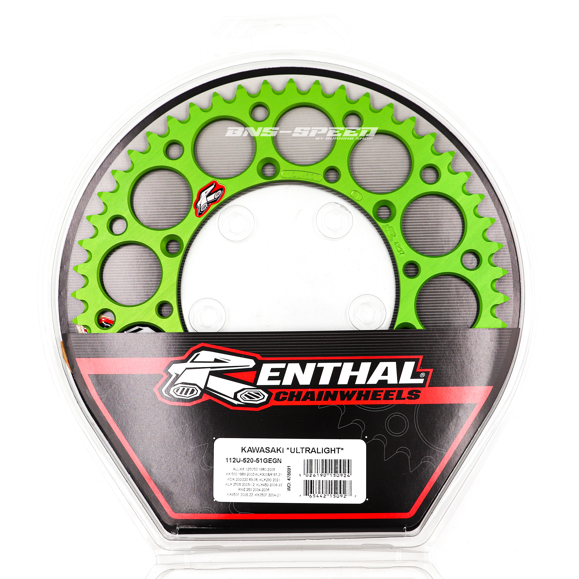 สเตอร์ Renthal Ultralight 520 Green - 51T Kawasaki KX/KXF/KLX All