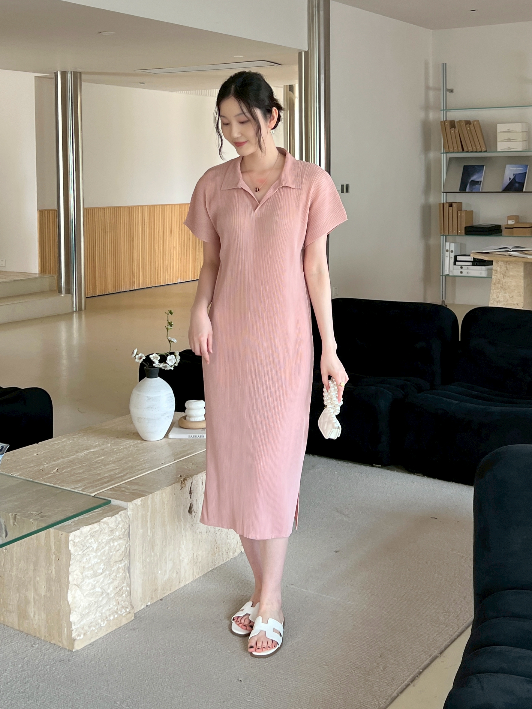 2MUAY รุ่น GJO10189 เดรสอัดพลีทคุณภาพ POLO SHORT SLEEVE PLEATED DRESS 10 สี FREE SIZE