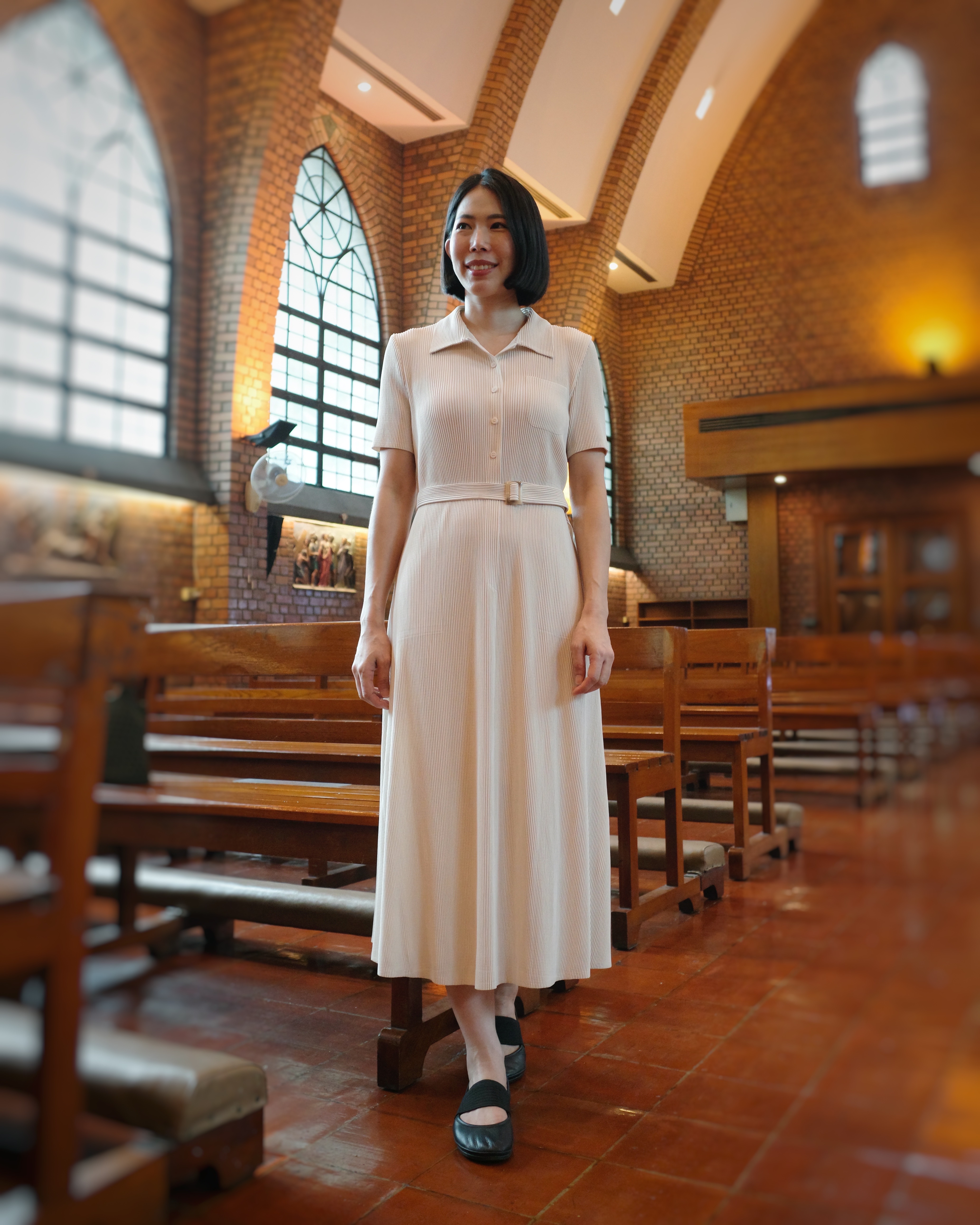 2MUAY รุ่น GJO11489 เดรสพลีทคุณภาพ THICK COLLAR BUTTON FRONT PLEATED DRESS 5 สี FREE SIZE