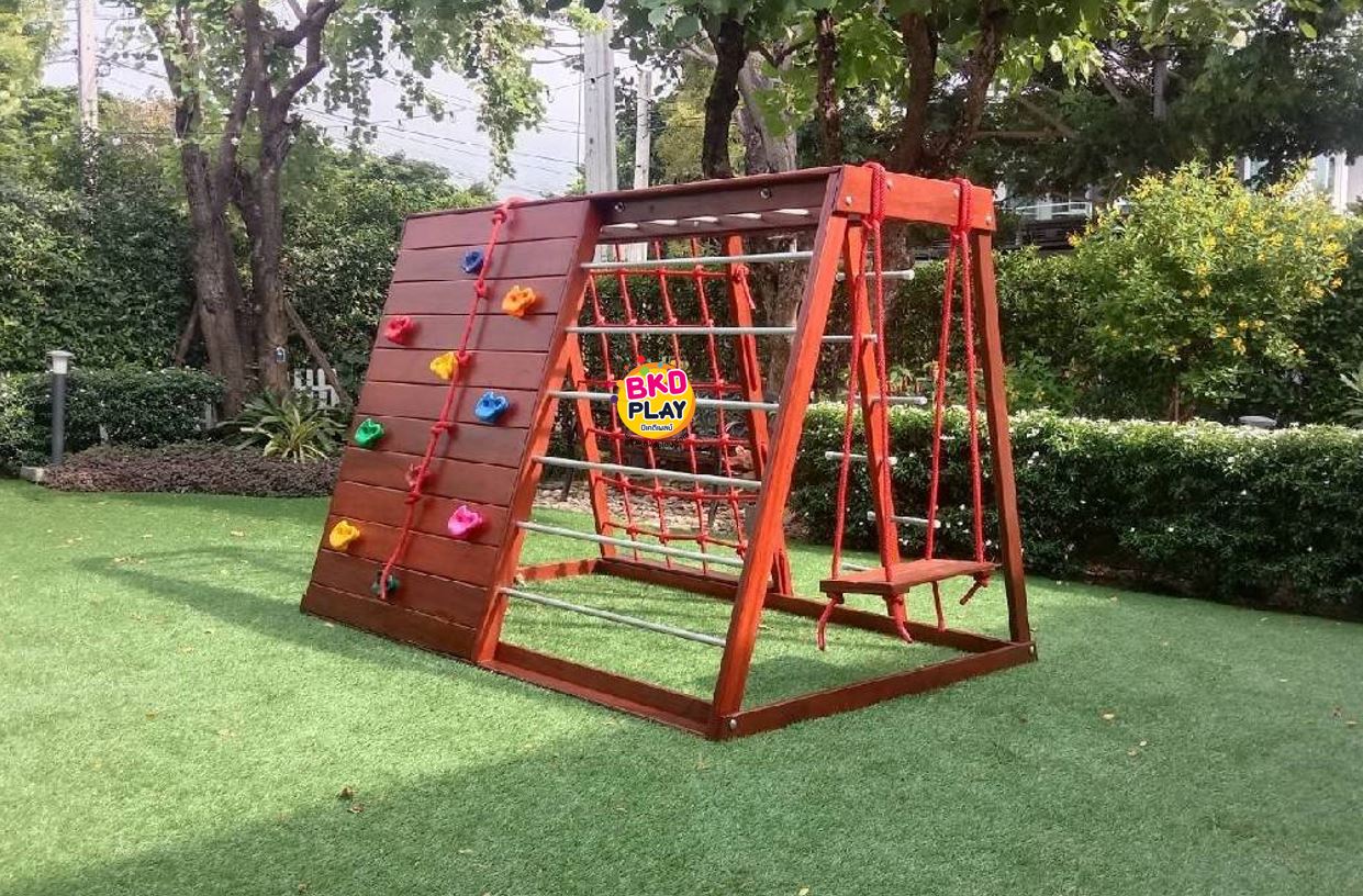 เครื่องเล่นสนามไม้ ชุด B ปีนป่ายเชือก ,ชิงช้า ,ปีนหน้าผา ปีนป่ายไม้ เครื่องเล่นสนามกลางแจ้ง ของเล่นสนาม wood playground