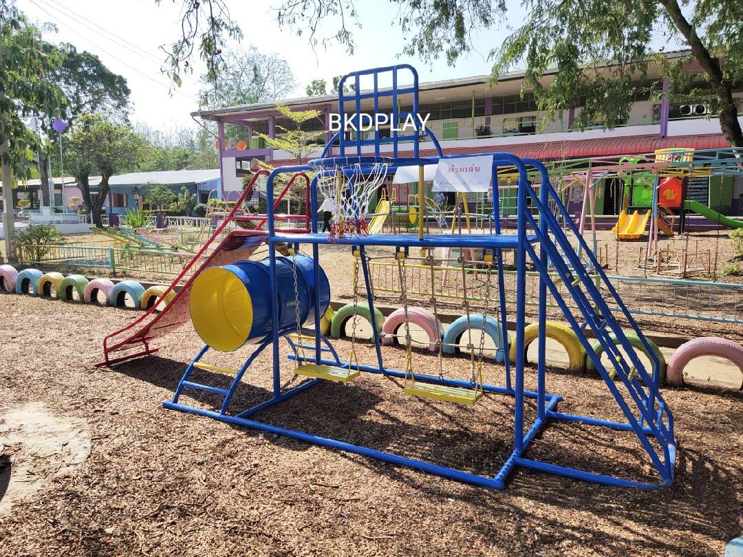 ชุดรวม H เครื่องเล่นสนามแบบเหล็ก ประกอบด้วยสไลเดอร์ชิงช้าปีนป่ายแป้นบาส (ถักเล็ก) , เครื่องเล่นสนามกลางแจ้ง , OutdoorPlayground,ผลิตเครื่องเล่นสนาม,เครื่องเล่นงบสพฐ.ประชารัฐ ราคาโรงงาน