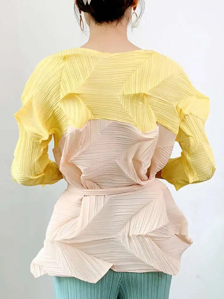 อกถึง 44 นิ้ว 2MUAY GM6671 เสื้ออัดพลีท TWO TONE ZIGZAG PLEATED TOP 7 สี FREE SIZE
