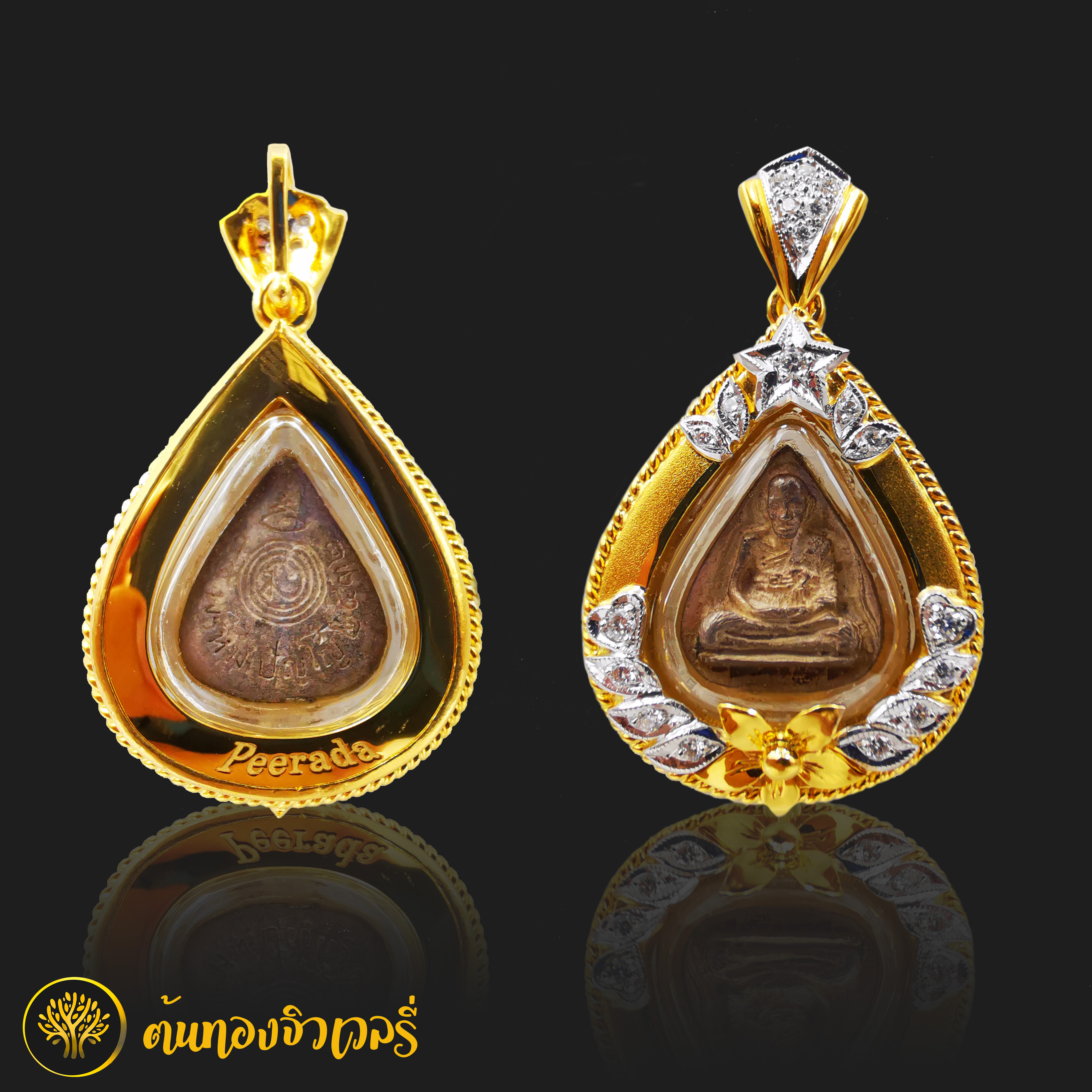 กรอบพระฝั่งเพชรแนวใหม่ ที่ไม่ใช่หัวสิงห์ เป็นลวดลายดอกไม้ เพิ่มความสวยงาม ด้วยเพชรแท้น้ำงาม