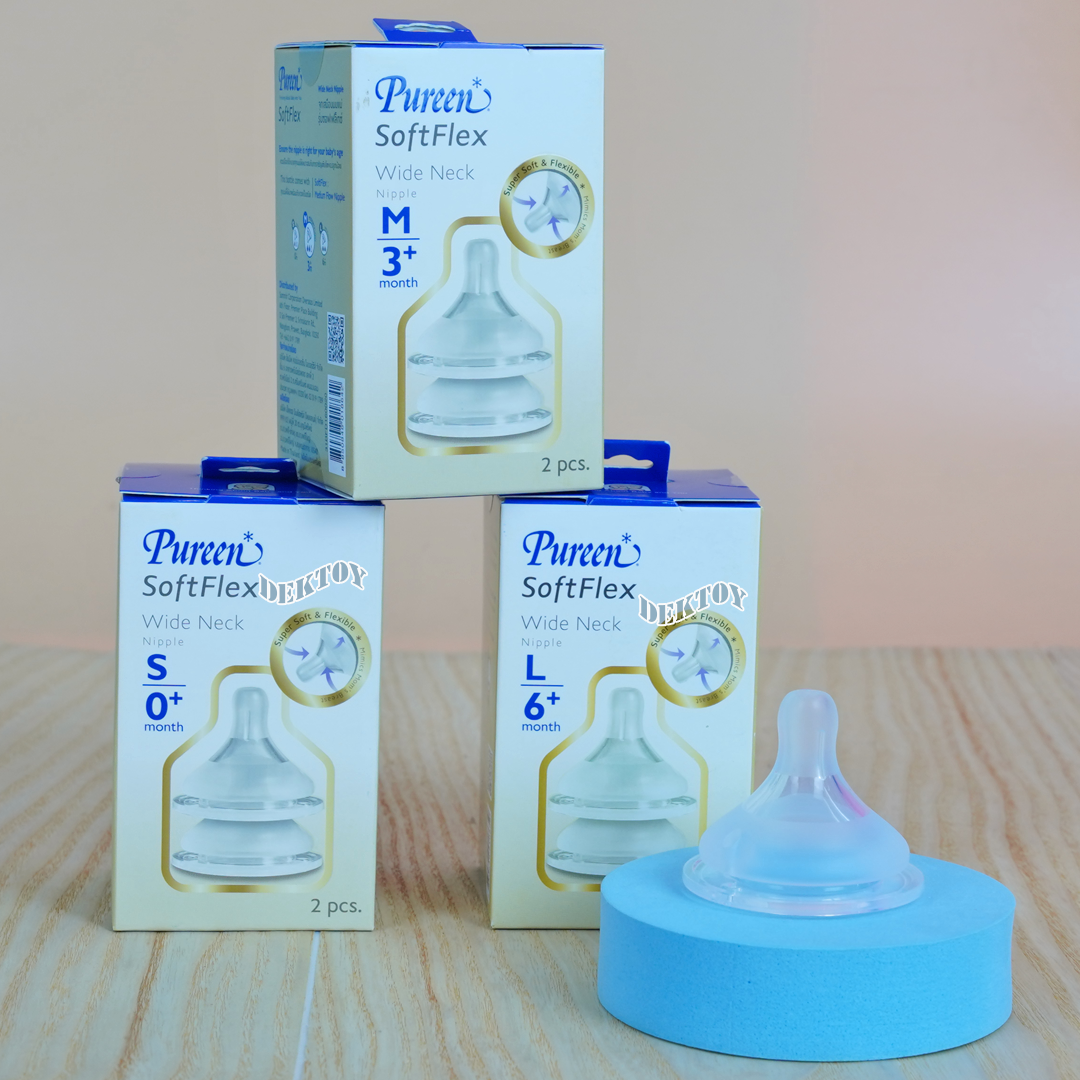 Pureen Softflex จุกนมเพียวรีนเสมือนนมแม่ รุ่นซอฟเฟล็กช์ จุกนมไม่ดูดไม่ไหล สำหรับขวดคอกว้าง แพ็ค2ชิ้น